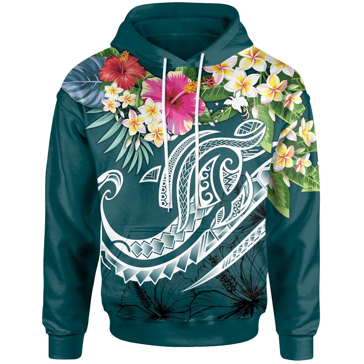 Papua New Guinea Polynesian Hoodie Summer Plumeria (Turquoise) Unisex Turquoise - Polynesian Pride