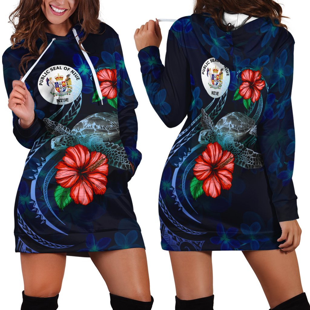 Niue Polynesian Hoodie Dress - Blue Turtle Hibiscus Blue - Polynesian Pride