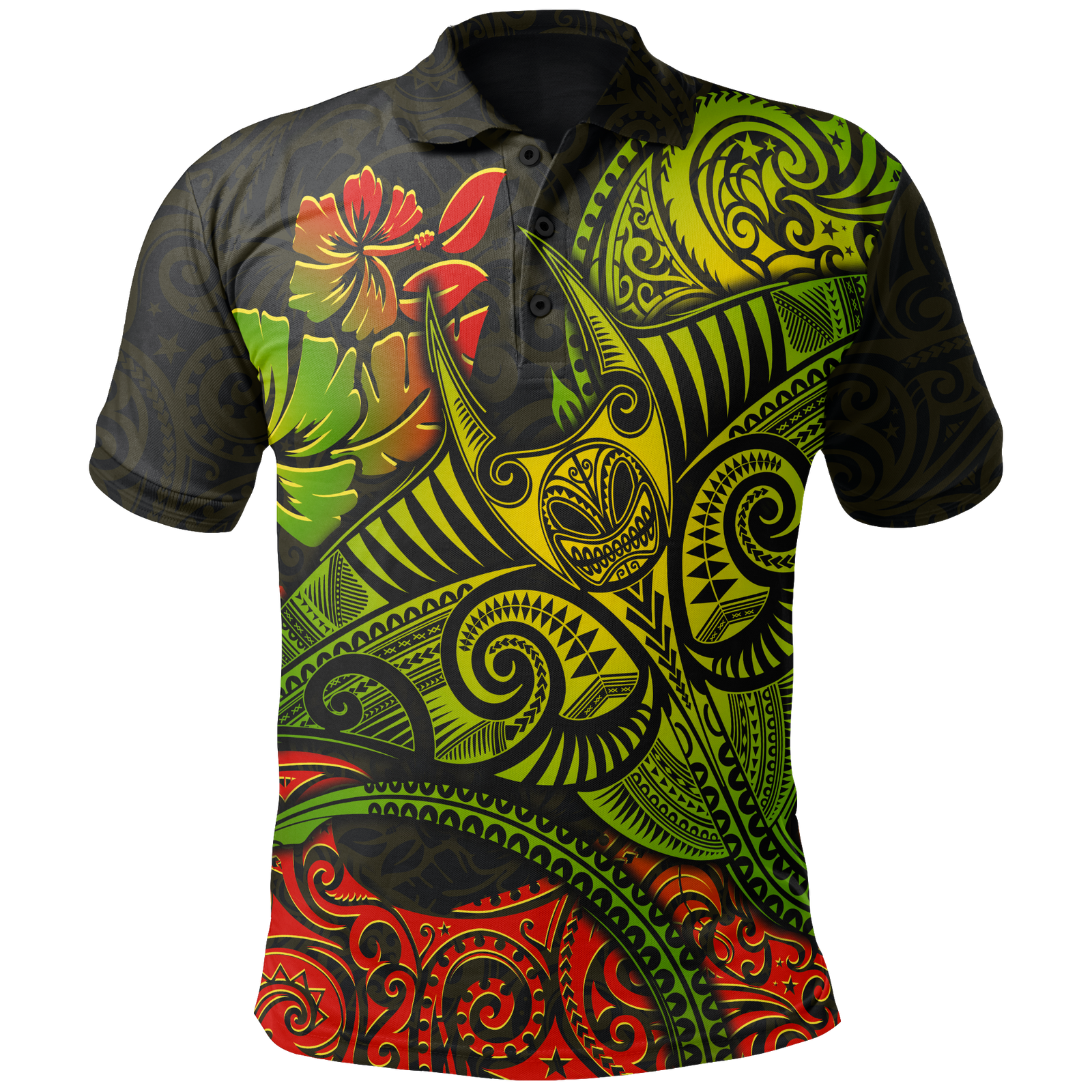 Hawaii Polo Shirt Polynesian Manta Ray Hibiscus Unisex BLACK - Polynesian Pride