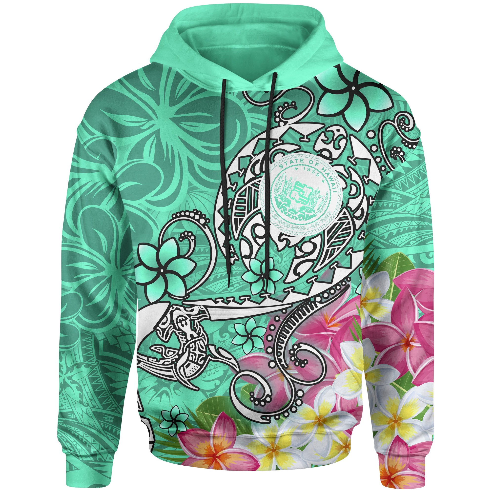 Hawaii Polynesian Hoodie Hawaii Seal With Turtle Plumeria (Turquoise) Unisex Turquoise - Polynesian Pride