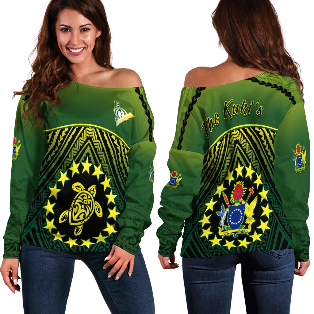The Kuki's Off Shoulder Sweater Cook Islands Rugby LT13 Green - Polynesian Pride