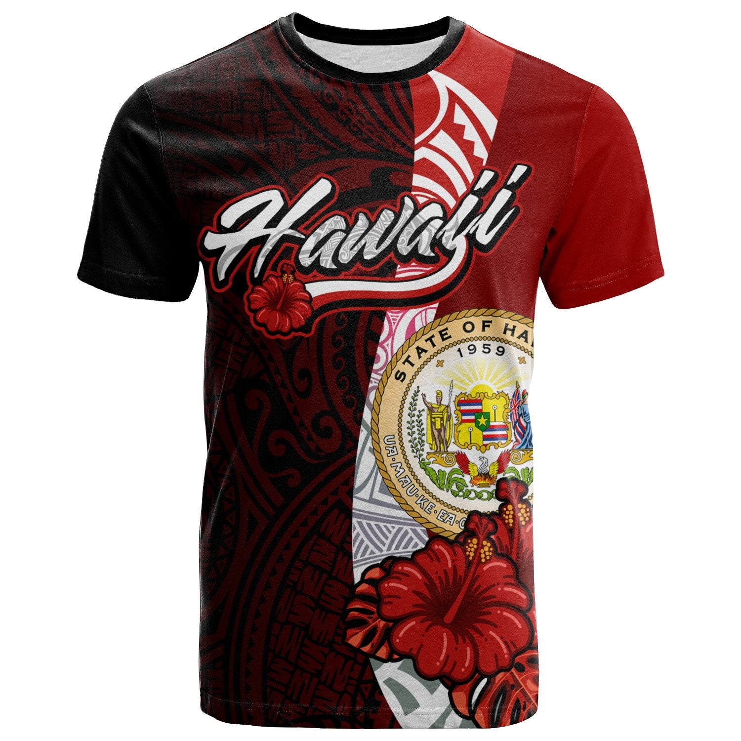 Hawaii Polynesian T Shirt Coat of Arm With Hibiscus Unisex Red - Polynesian Pride