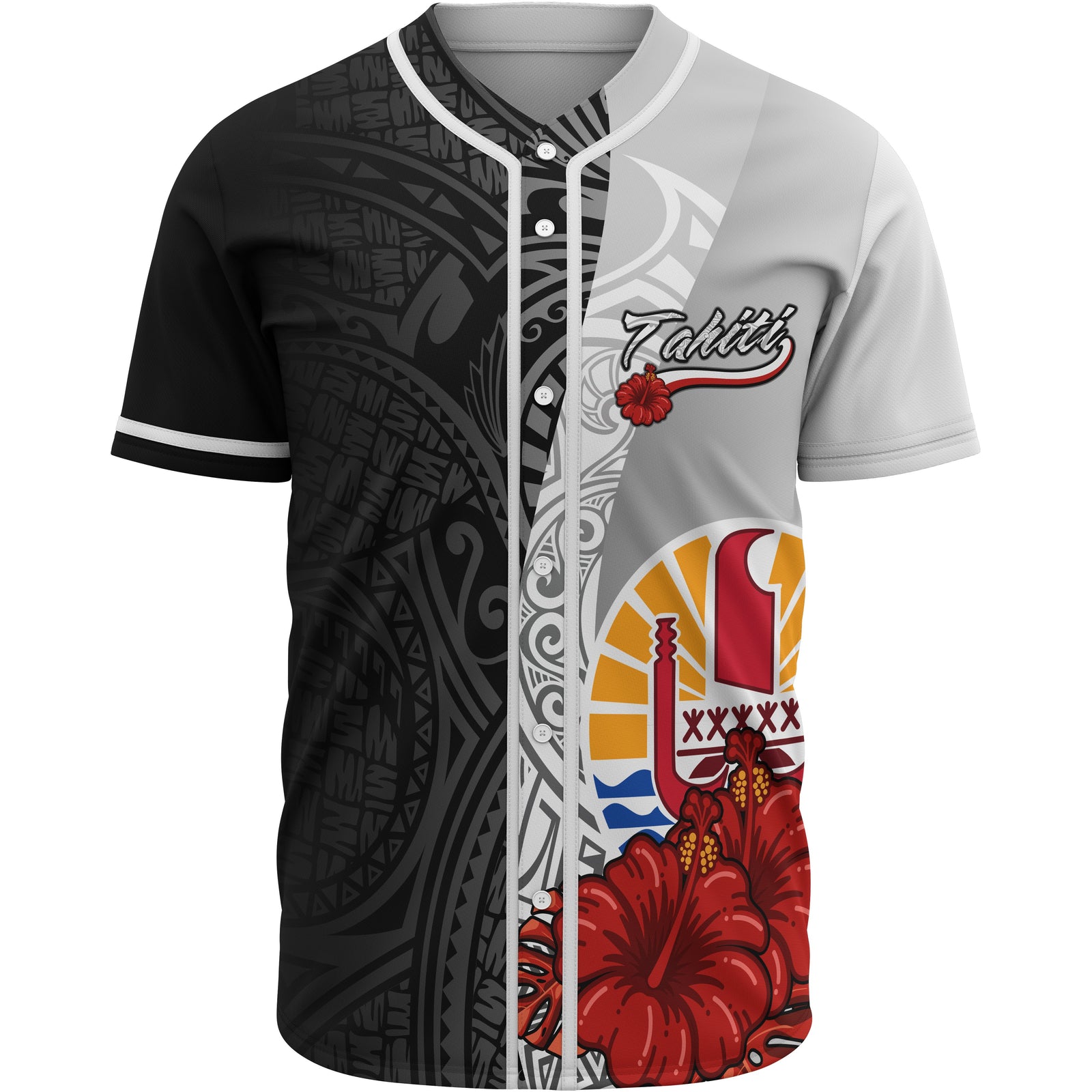 Tahiti Polynesian Baseball Shirt - Coat Of Arm With Hibiscus White Unisex White - Polynesian Pride