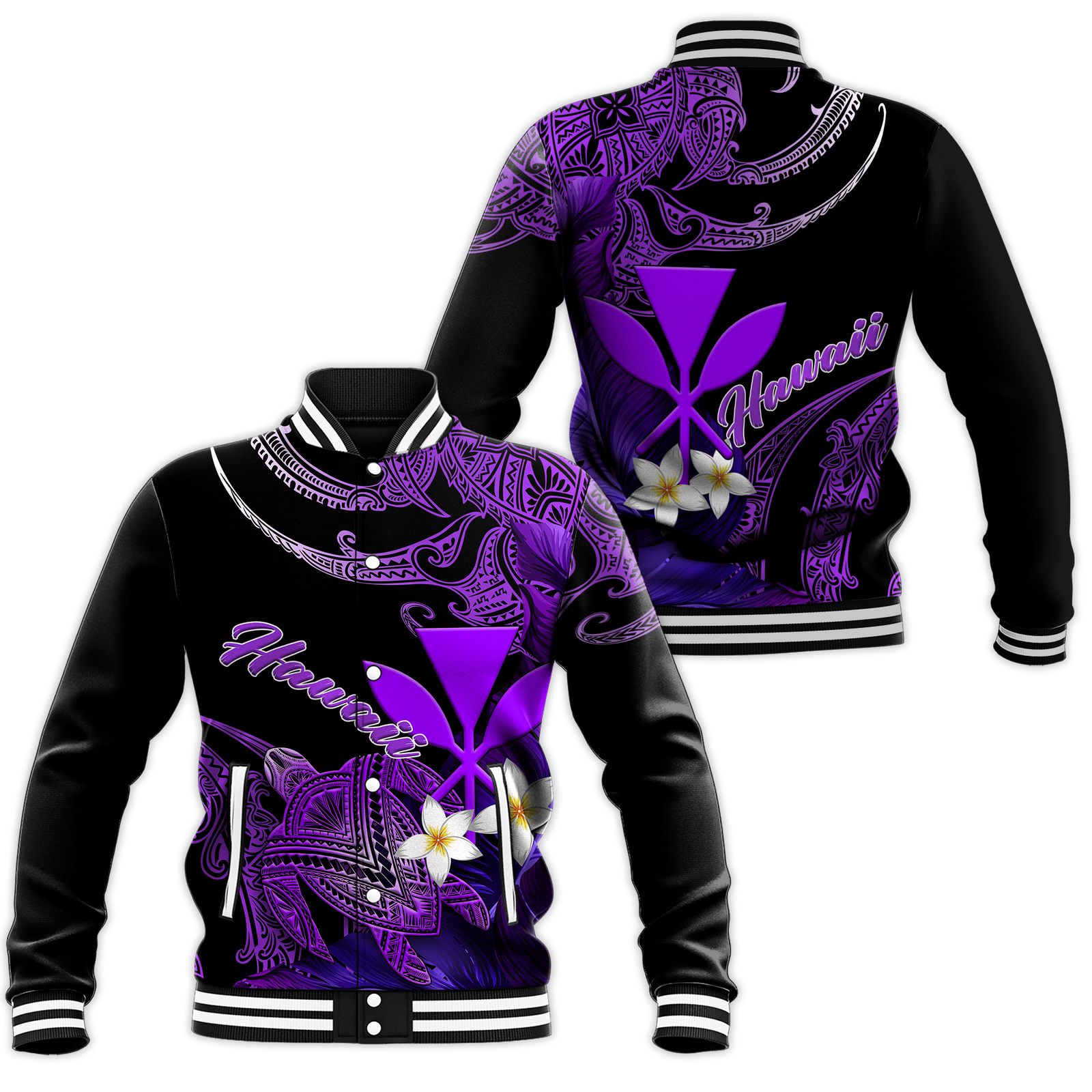 Hawaii Turtle With Plumeria Leaf Purple Baseball Jacket - LT12 Unisex Black - Polynesian Pride