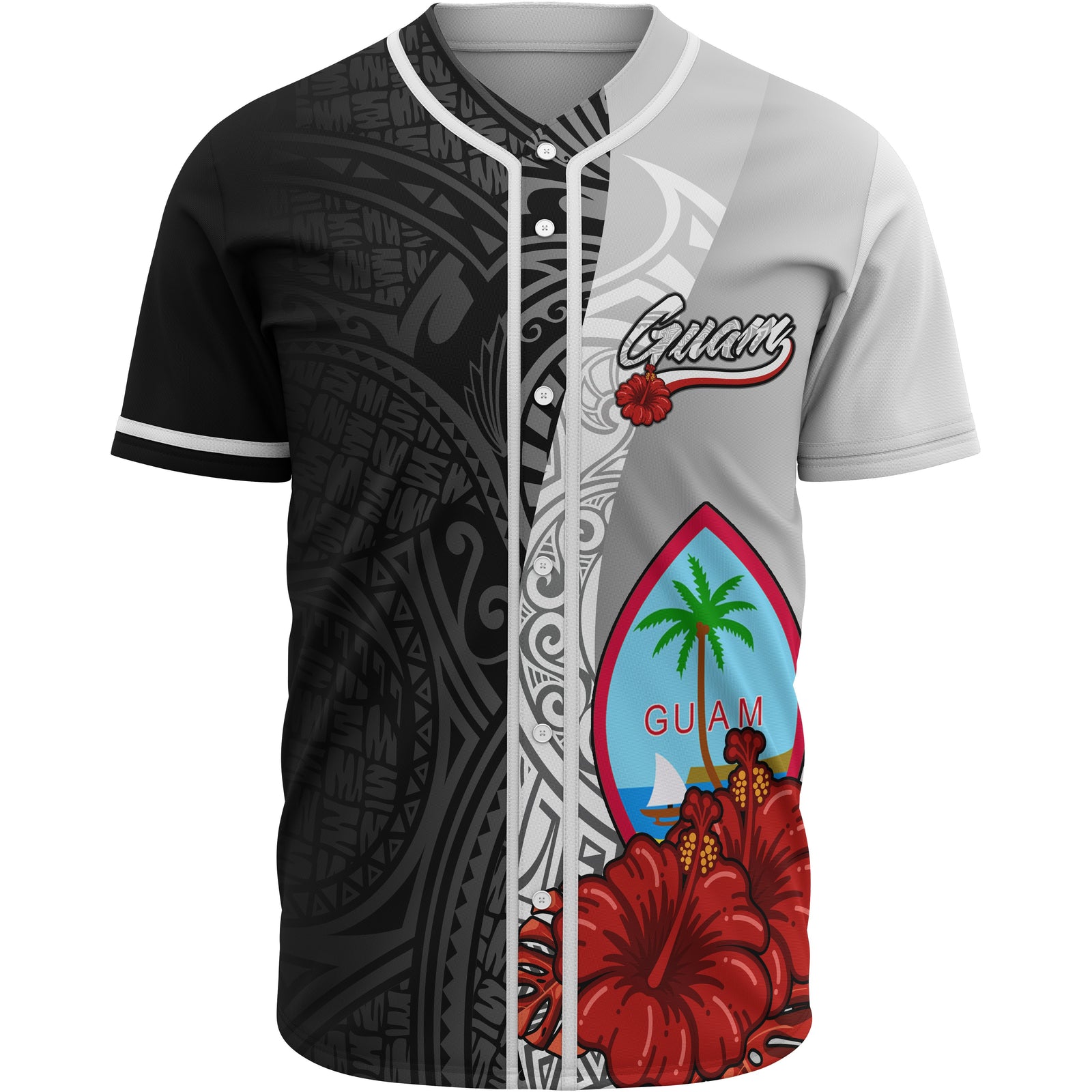 Guam Polynesian Baseball Shirt - Coat Of Arm With Hibiscus White Unisex White - Polynesian Pride