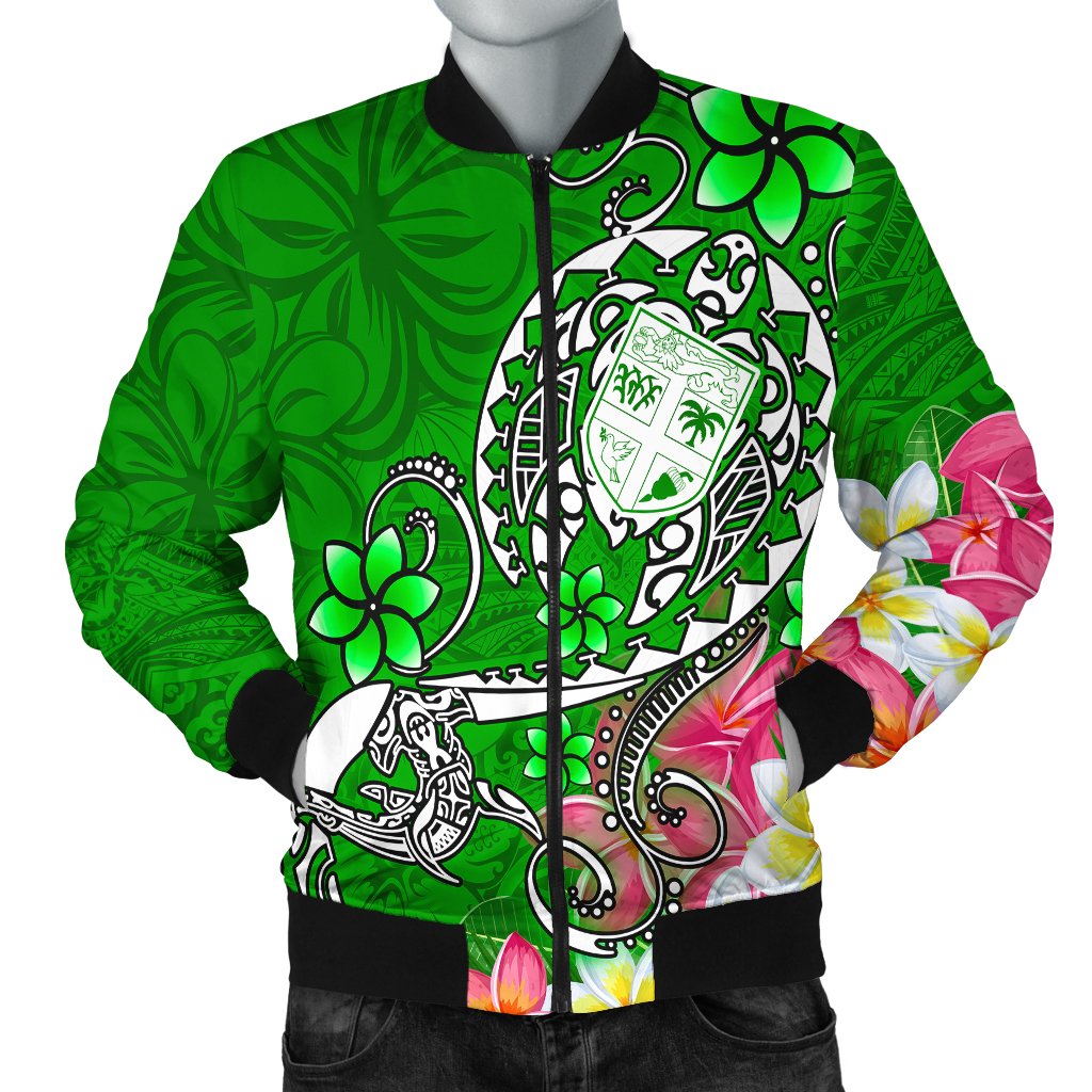 Fiji Men's Bomber Jacket - Turtle Plumeria (Green) - Polynesian Pride