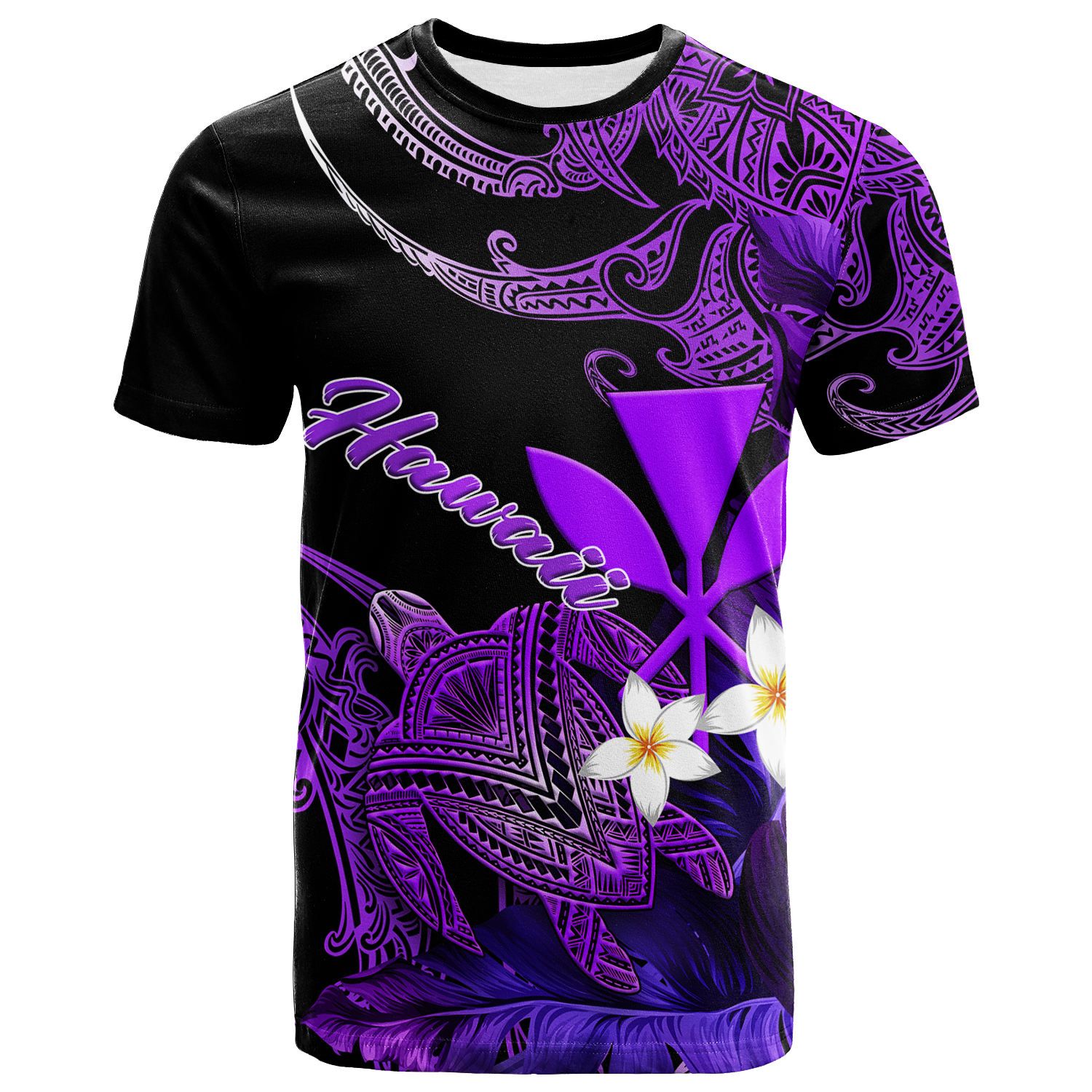 Hawaii Turtle With Plumeria Leaf Purple T Shirt LT12 Unisex Black - Polynesian Pride