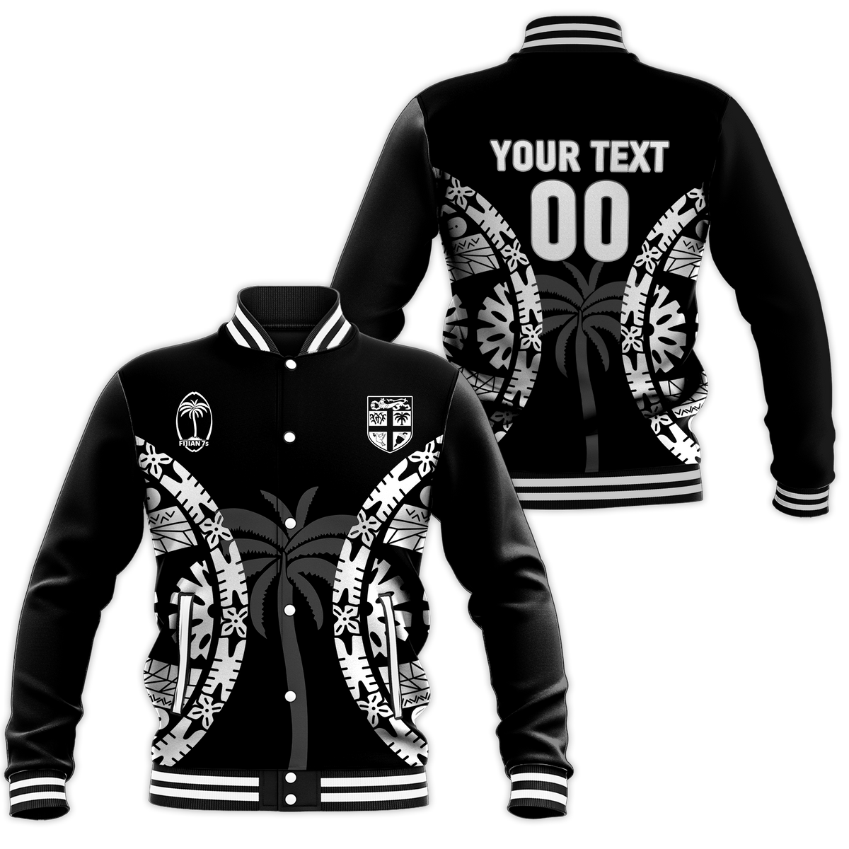 (Custom Personalised) Fiji Rugby Sevens Fijian Tapa Pattern Baseball Jacket - LT12 Unisex Blue - Polynesian Pride