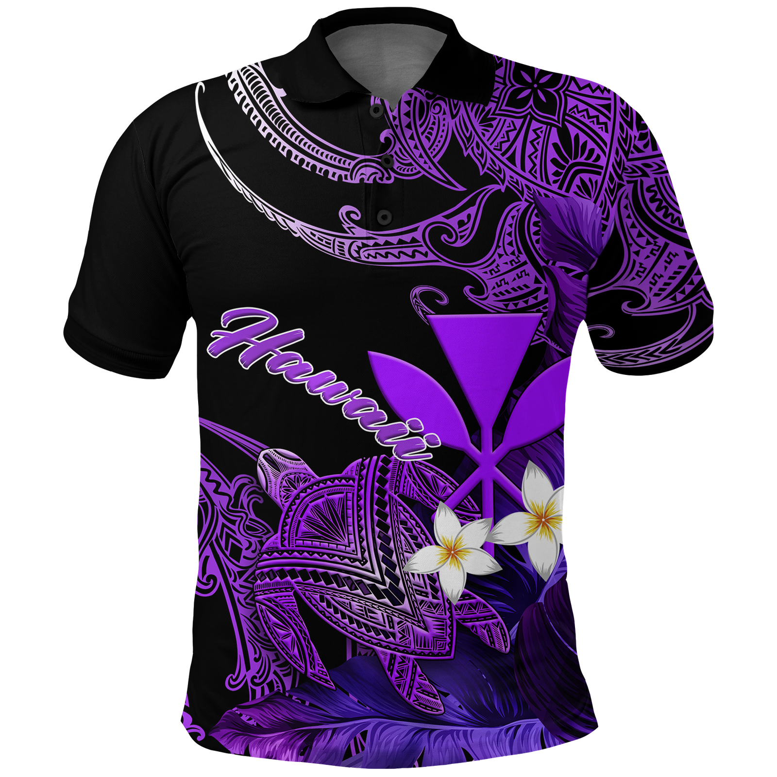 Hawaii Turtle With Plumeria Leaf Purple Polo Shirt LT12 Unisex Black - Polynesian Pride