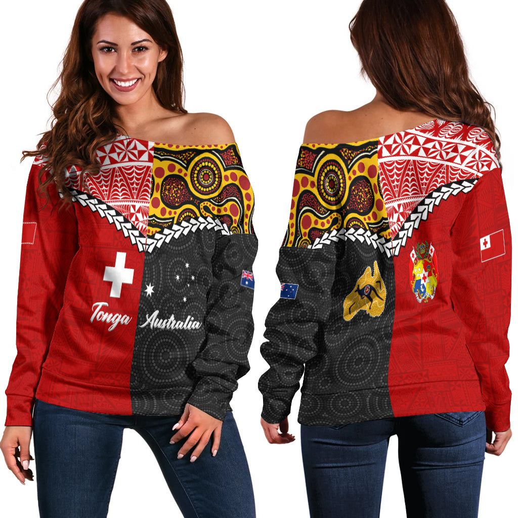 Tonga Combine Australia Aboriginal Heritage Women Off Shoulder Sweater - LT12 Red - Polynesian Pride