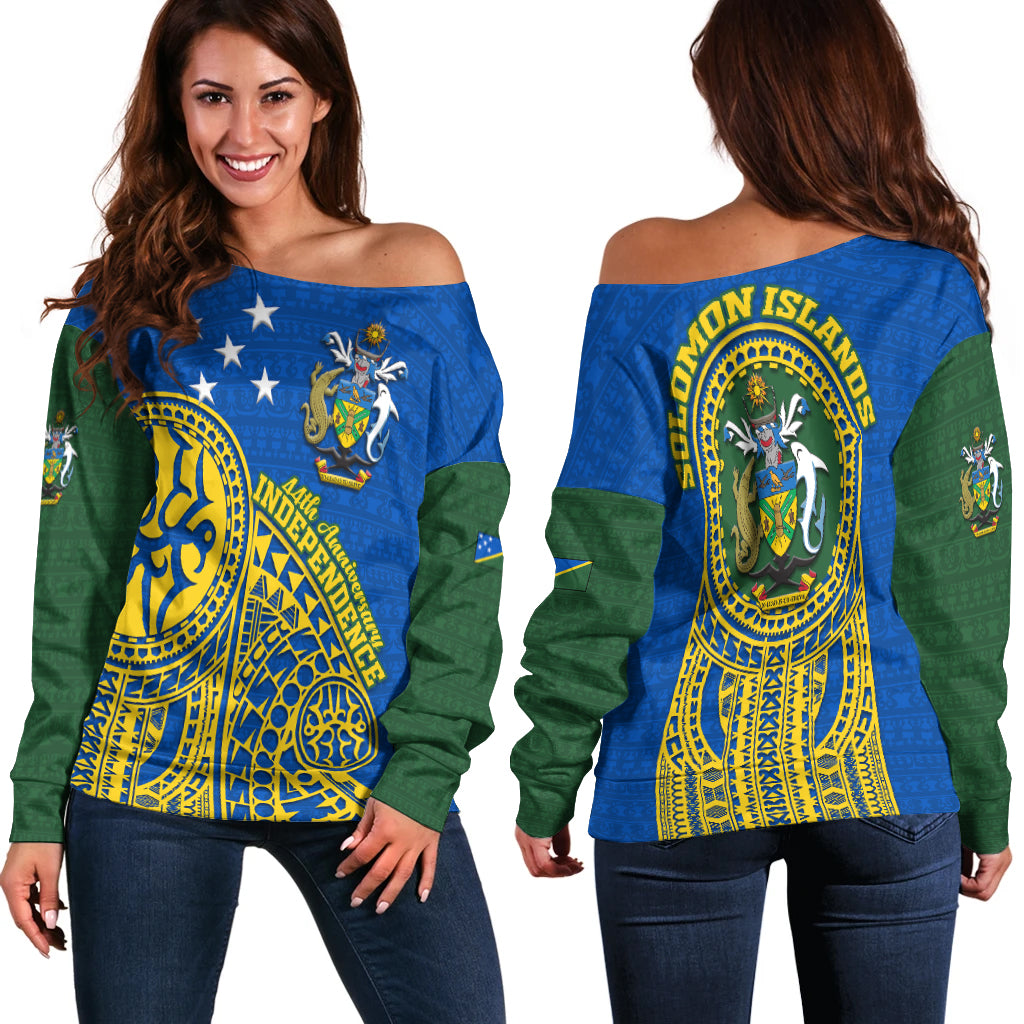 Solomon Islands Independence Anniversary 44th Years Women Off Shoulder Sweater - LT12 Women Off Shoulder Sweater Blue - Polynesian Pride