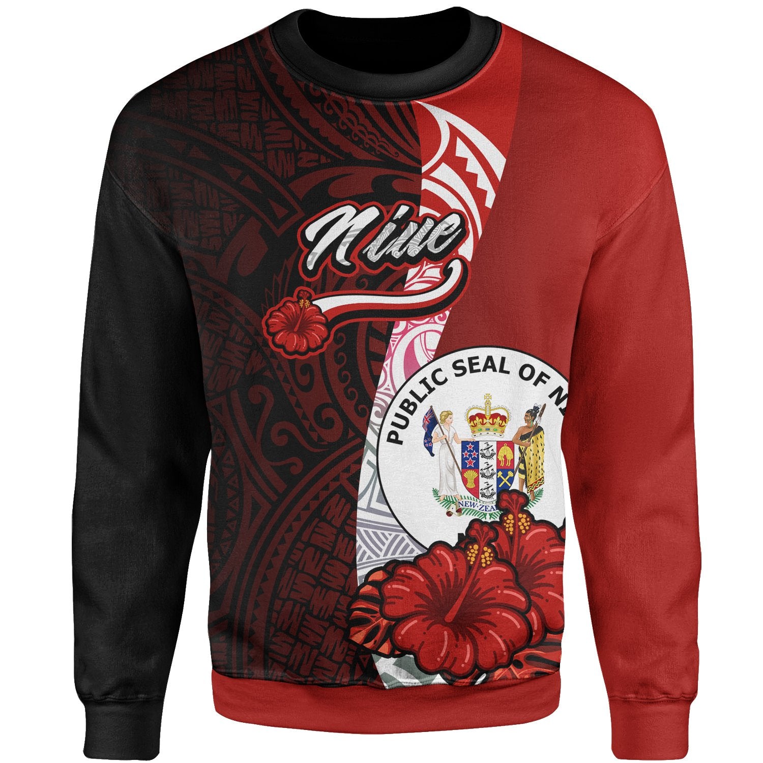 Niue Polynesian Sweater - Coat Of Arm With Hibiscus Unisex Red - Polynesian Pride