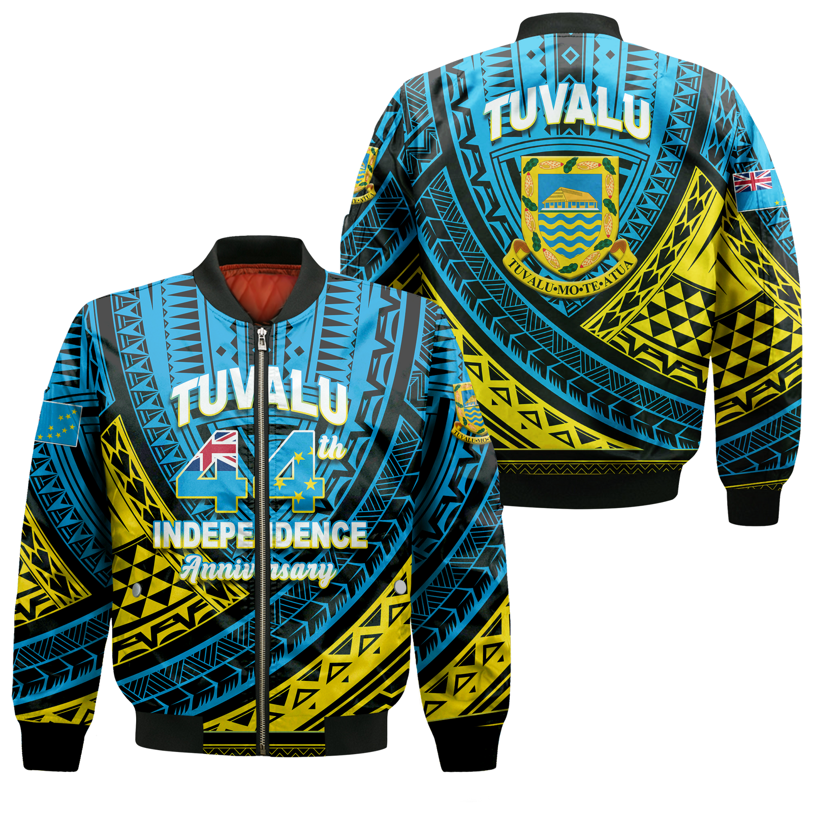 Tuvalu Bomber Jacket 44th Independence Anniversary - Tribal Pattern - LT12 Bomber Jacket Blue - Polynesian Pride