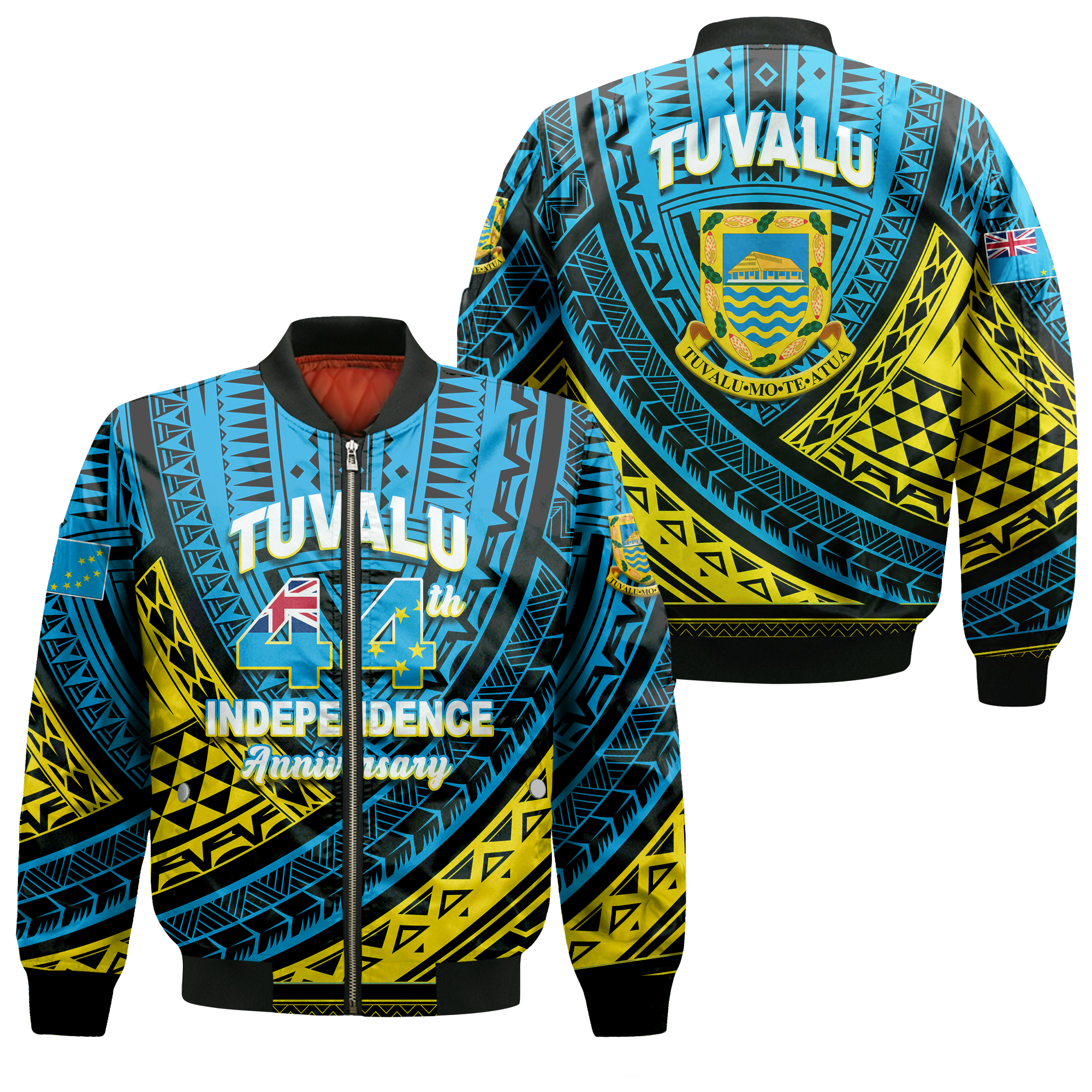 Tuvalu Bomber Jacket 44th Independence Anniversary - Tribal Pattern - LT12 Bomber Jacket Blue - Polynesian Pride