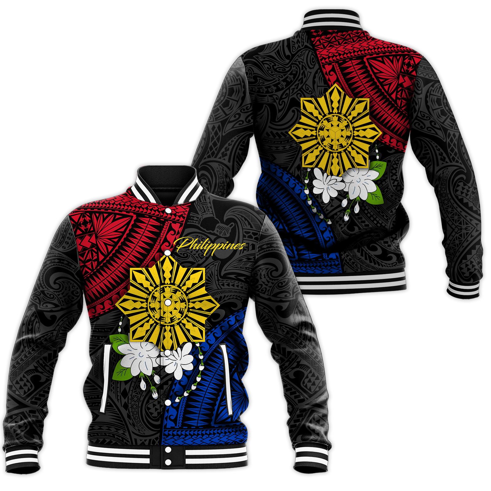 Philippines Sampaguita Filipino Sun Baseball Jacket - LT12 Unisex Black - Polynesian Pride