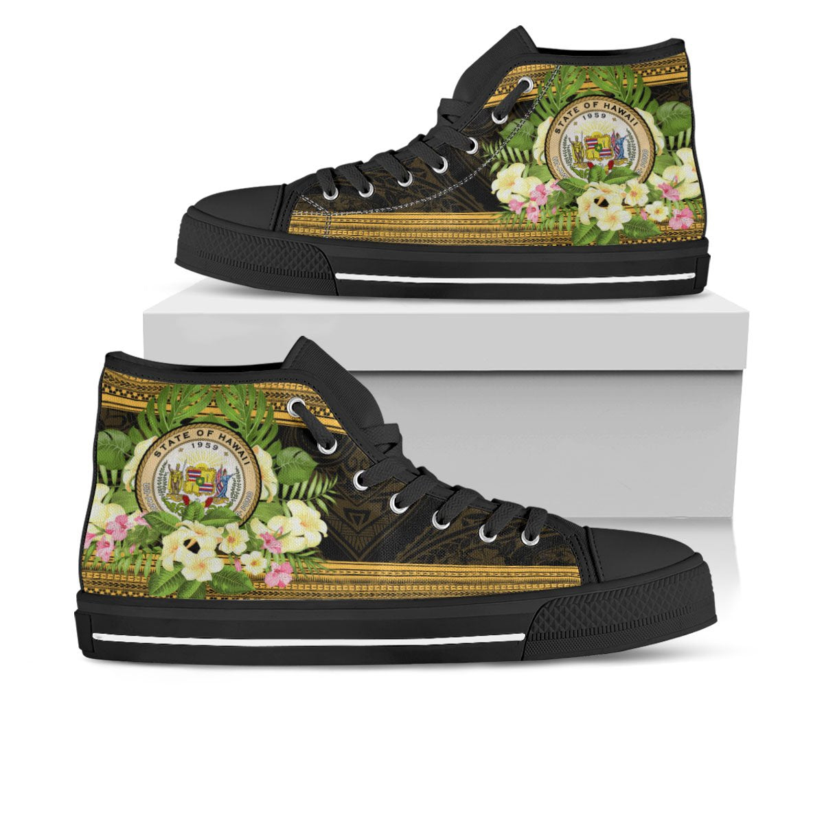 Hawaii High Top Shoes - Polynesian Gold Patterns Collection Unisex Black - Polynesian Pride