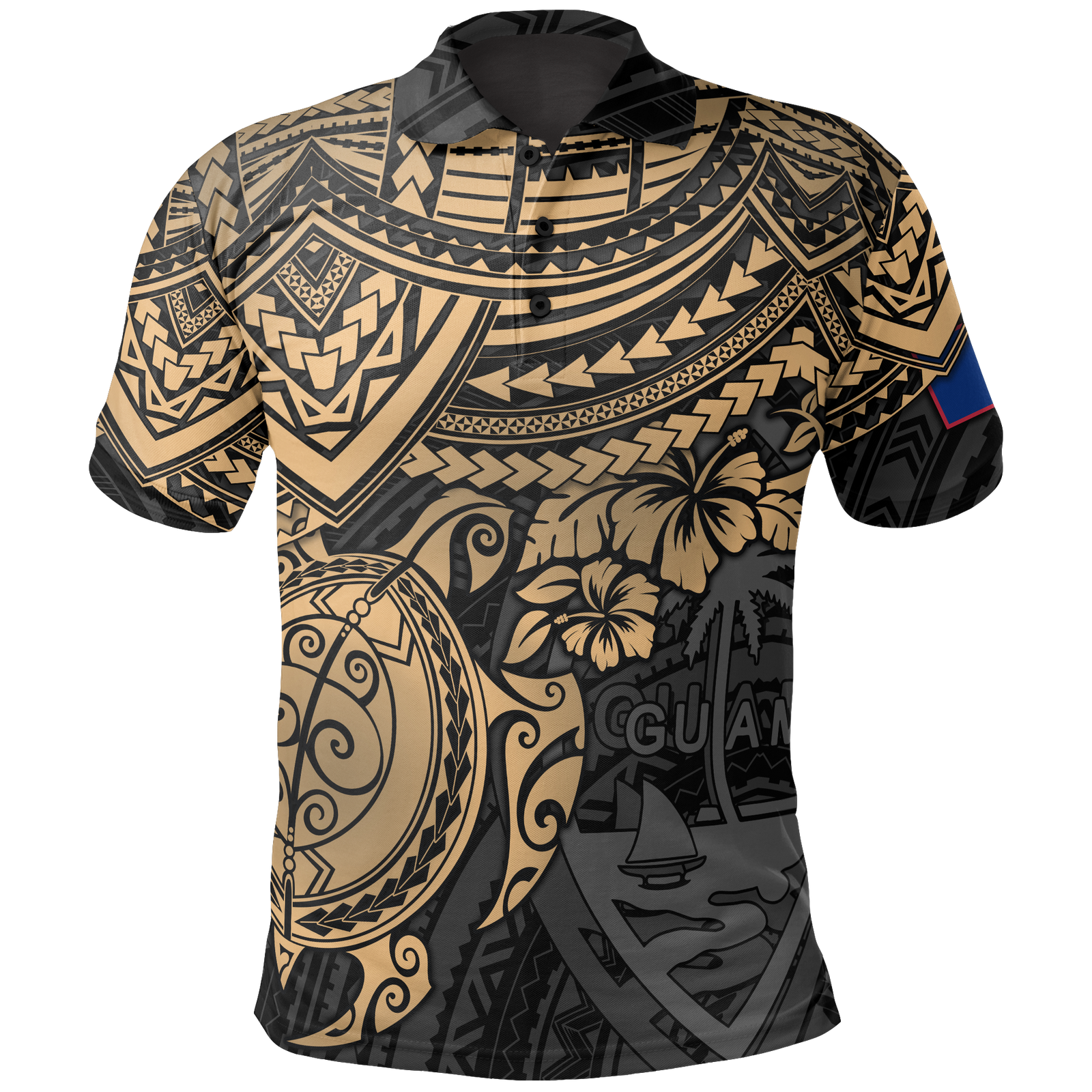Guam Polo Shirt Guahan Flag Coat Of Arms Golden Turtle Hibiscus Unisex BROWN - Polynesian Pride