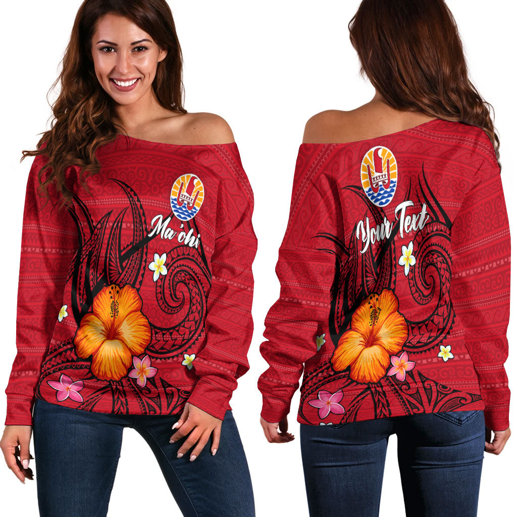 (Custom Personalised) Tahiti Maohi Women Off Shoulder Sweater - Hibiscus With Tribal - LT12 Red - Polynesian Pride