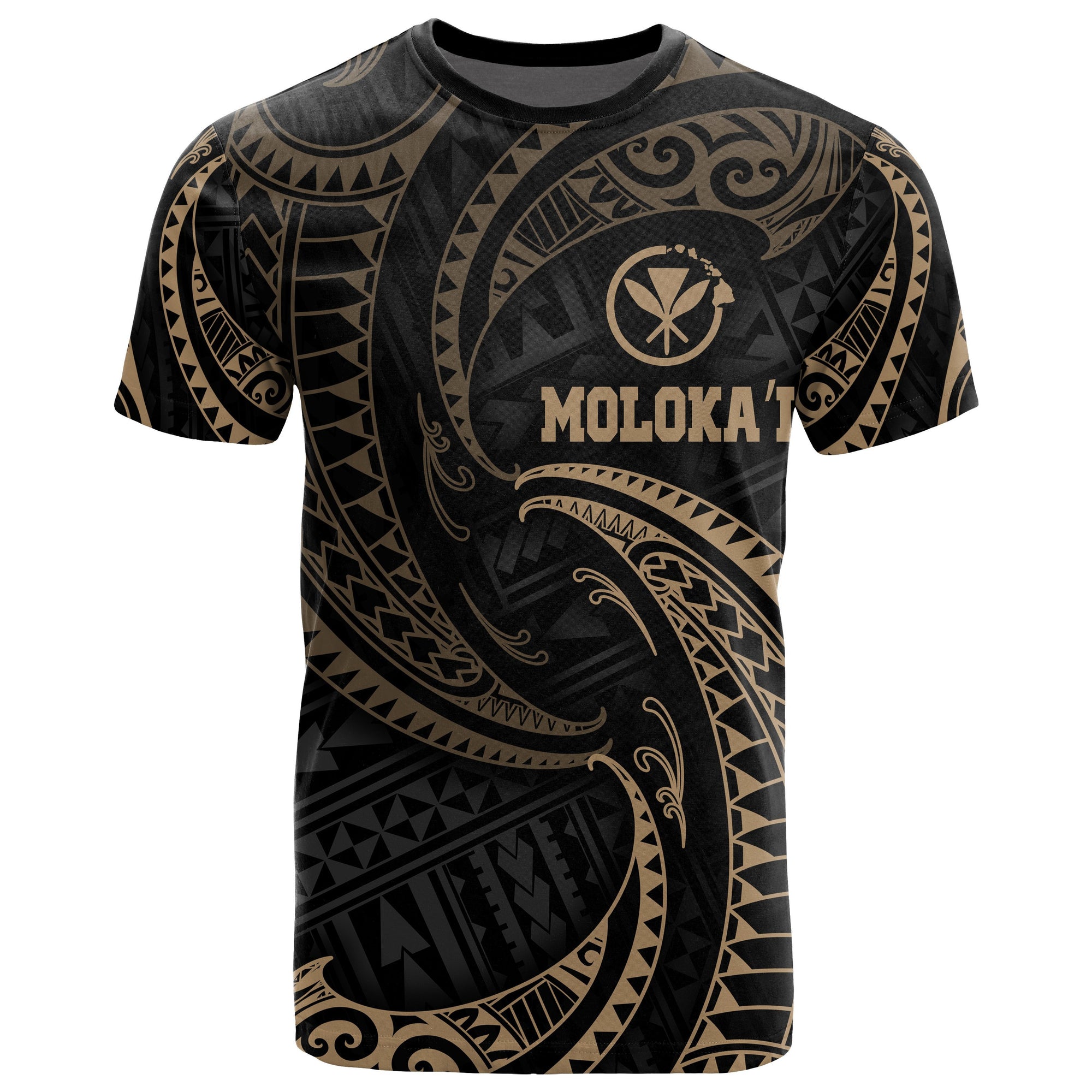 Hawaii Moloka i Polynesian T Shirt Gold Tribal Wave Unisex Black - Polynesian Pride