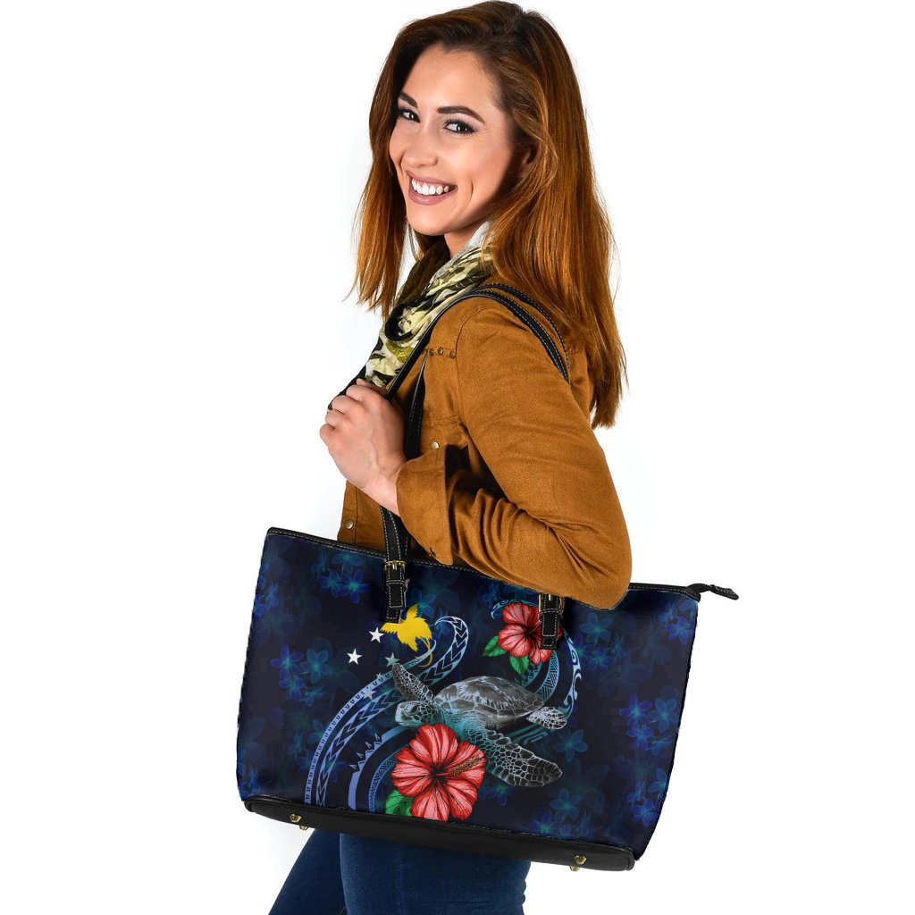 Papua New Guinea Polynesian Leather Tote - Blue Turtle Hibiscus Blue - Polynesian Pride