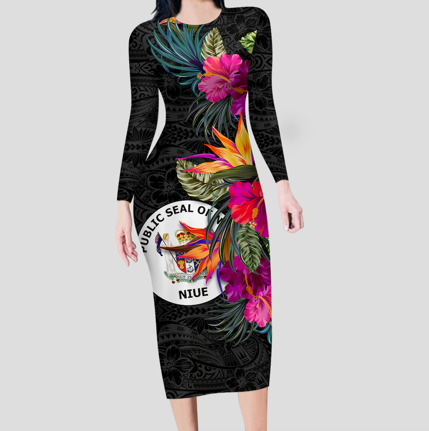 Niue Hibiscus Polynesian Tribal Long Sleeves Dress - LT12 Women Black - Polynesian Pride