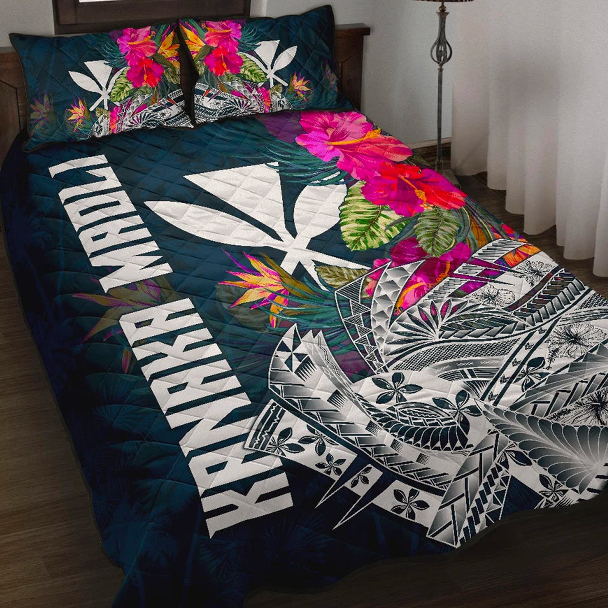 Hawaii Quilt Bed Set - Polynesian Hibiscus with Summer Vibes Blue - Polynesian Pride