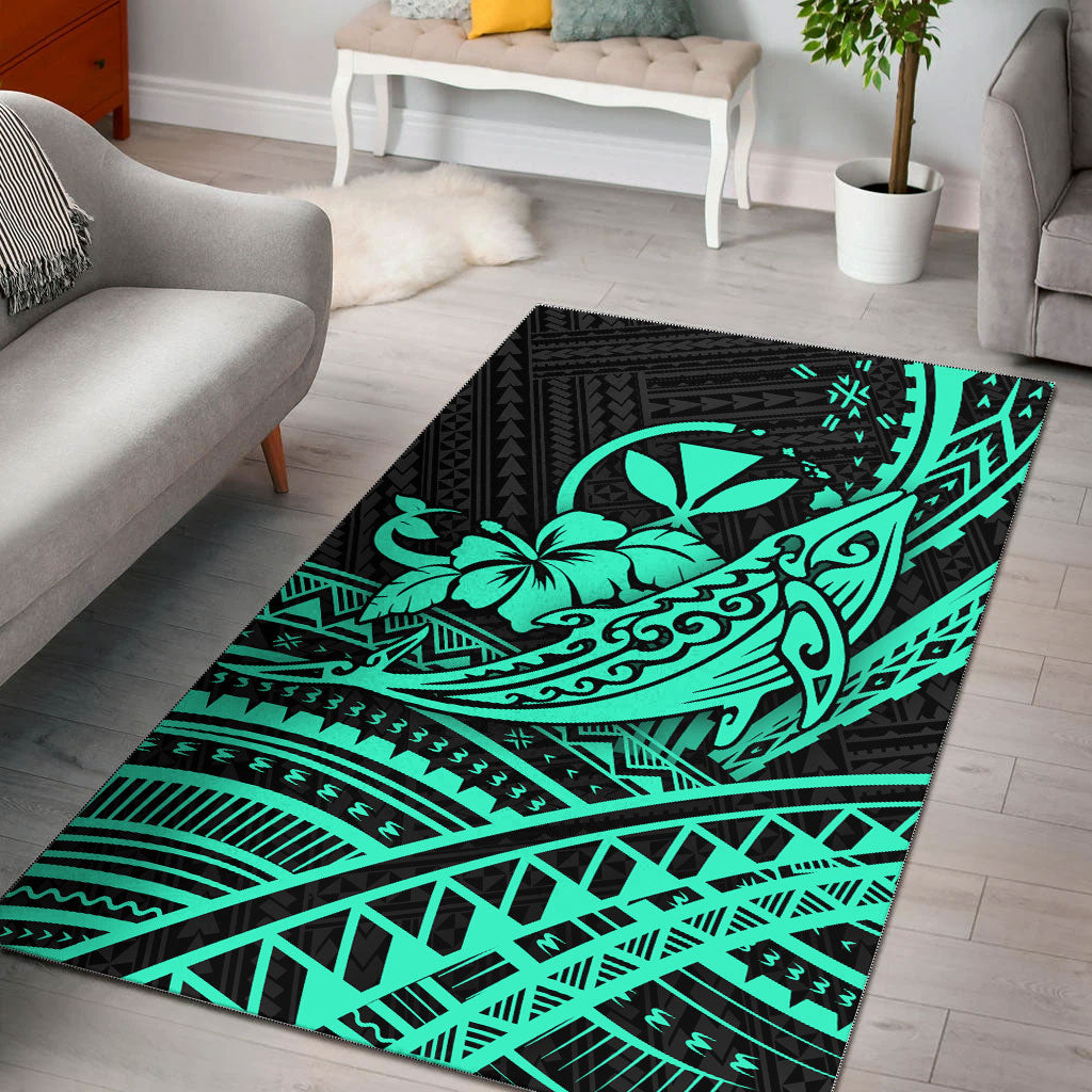 Hawaii Humpback Whale With Hibiscus Tribal Turquoise Area Rug - LT12 Blue - Polynesian Pride