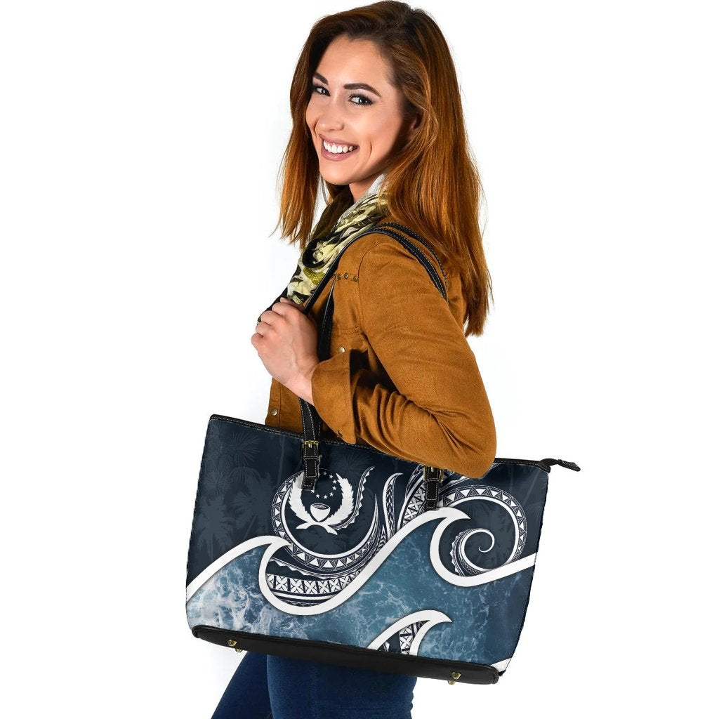 Pohnpei Islands Polynesian Leather Tote Bag - Ocean Style Blue - Polynesian Pride