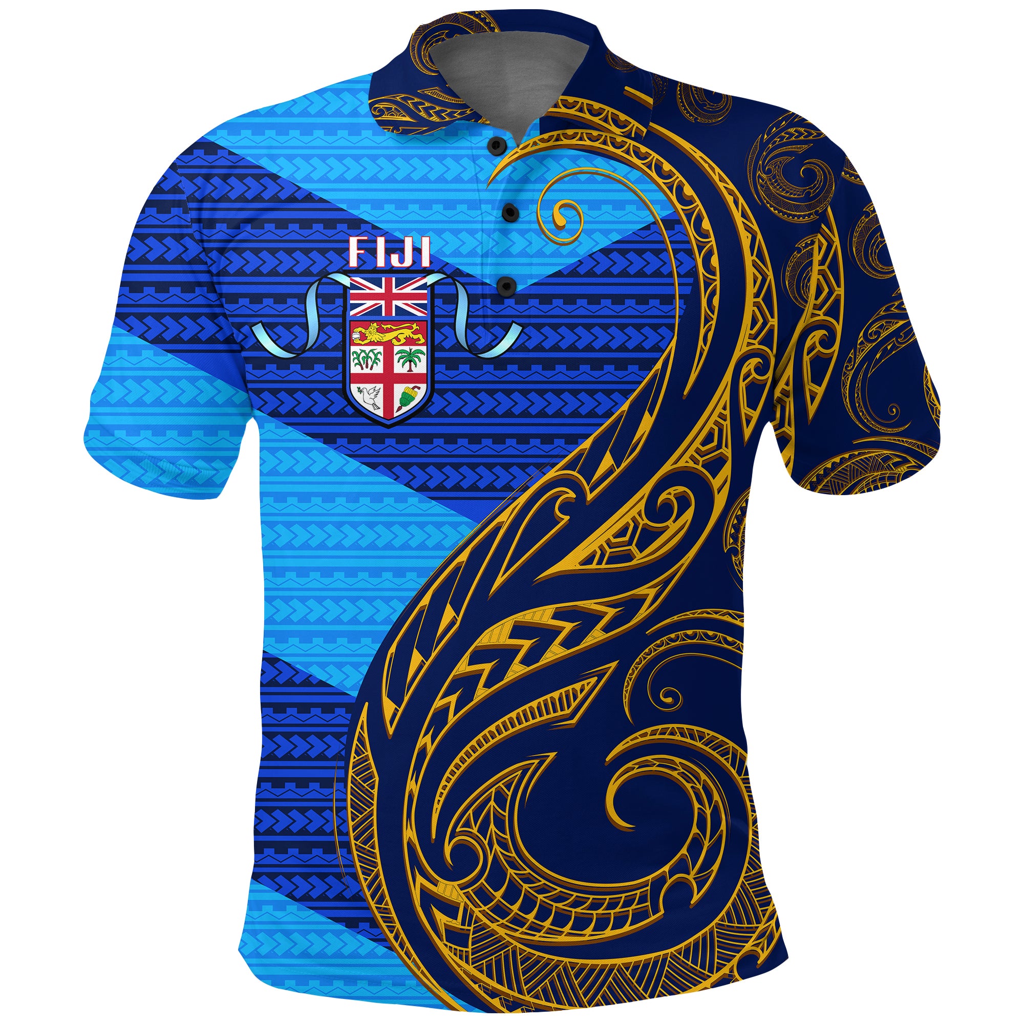 Fiji Polo Shirt Flags Color With Gold Polynesian Pattern LT20 Unisex Blue - Polynesian Pride