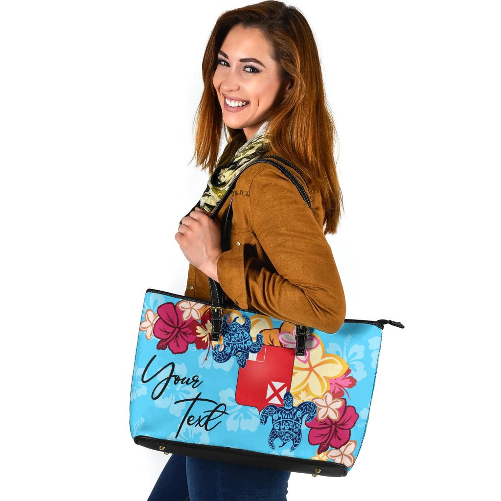 Wallis and Futuna Custom Personalised Leather Tote - Tropical Style Leather Tote One Size Blue - Polynesian Pride