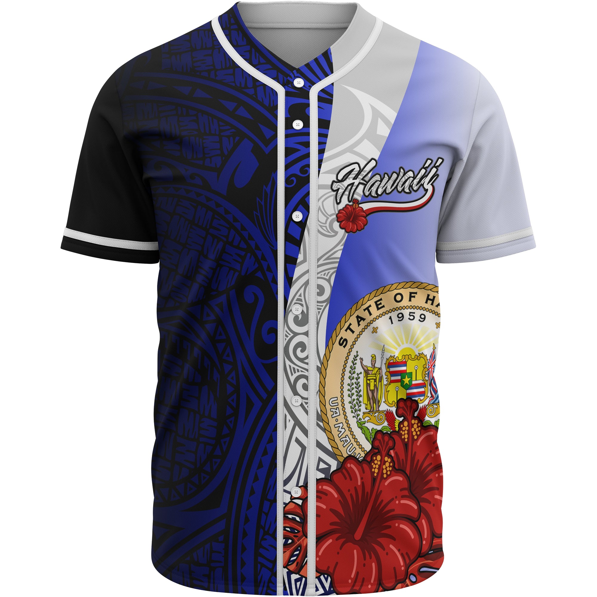 Hawaii Polynesian Baseball Shirt - Coat Of Arm With Hibiscus Blue Unisex Blue - Polynesian Pride