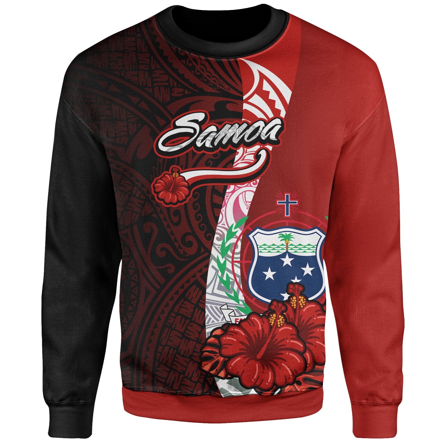 Samoa Polynesian Sweater - Coat Of Arm With Hibiscus Unisex Red - Polynesian Pride