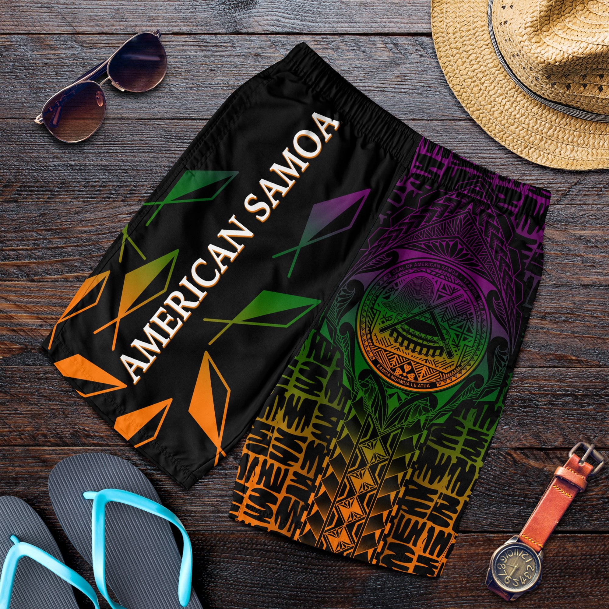 American Samoa Men's Shorts - AS Seal Rocket Style Black - Polynesian Pride