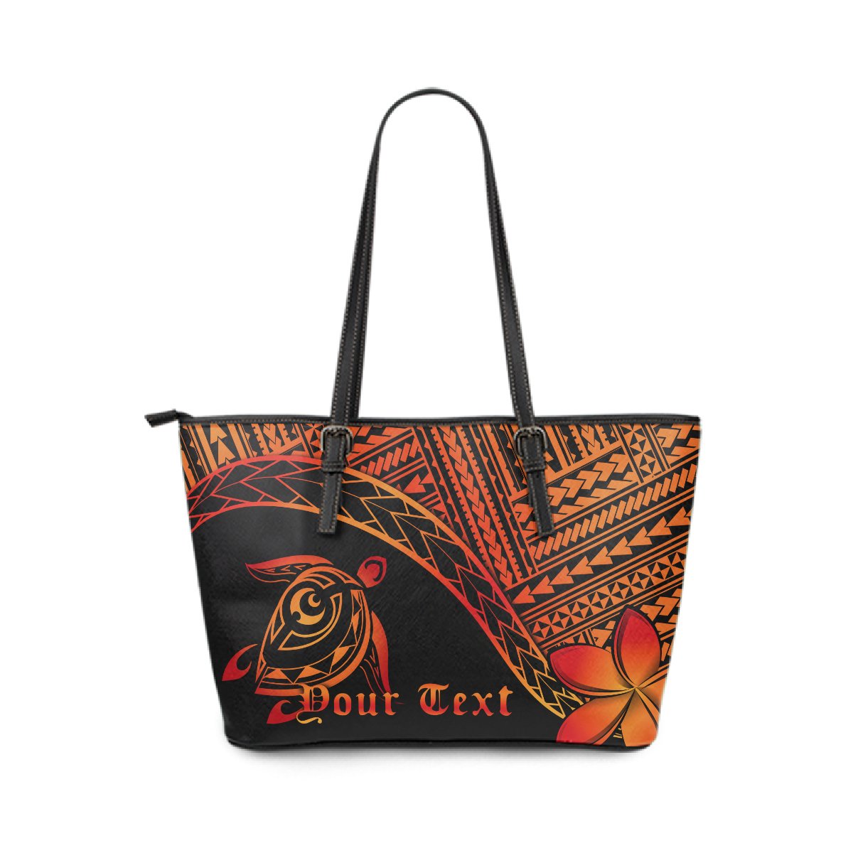 Personalized - Hawaiian Turtle Plumeria Leather Tote Bag Large AH Orange - Polynesian Pride