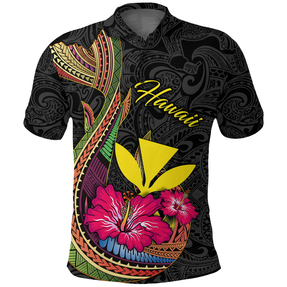 Hawaii Polynesian Fish Hook Hibiscus Polo Shirt LT12 Unisex Black - Polynesian Pride