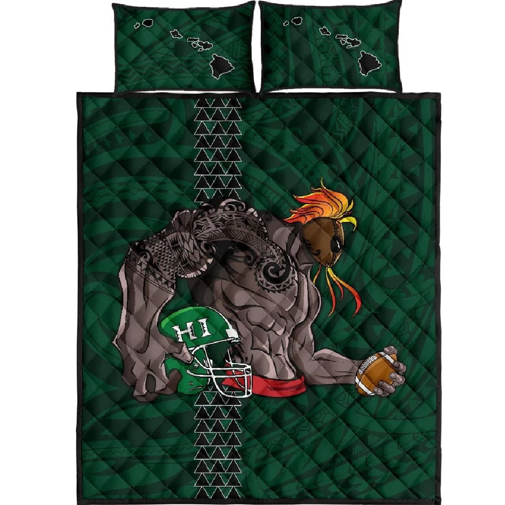 Kakau Blue Hawaii Warrior Football Quilt Bed Set Green - Polynesian Pride