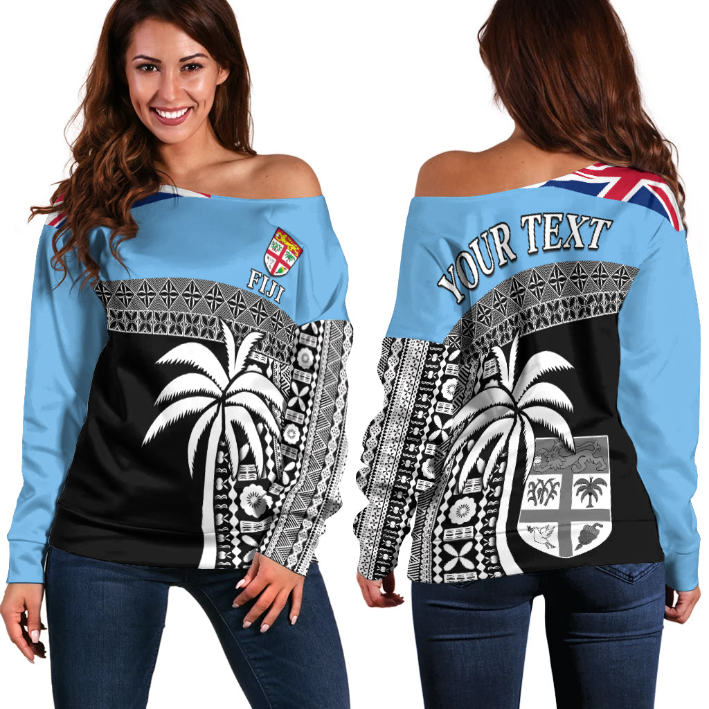 (Custom Personalised) Fiji Tapa Pattern Off Shoulder Sweater Coconut Tree LT13 Women Blue - Polynesian Pride