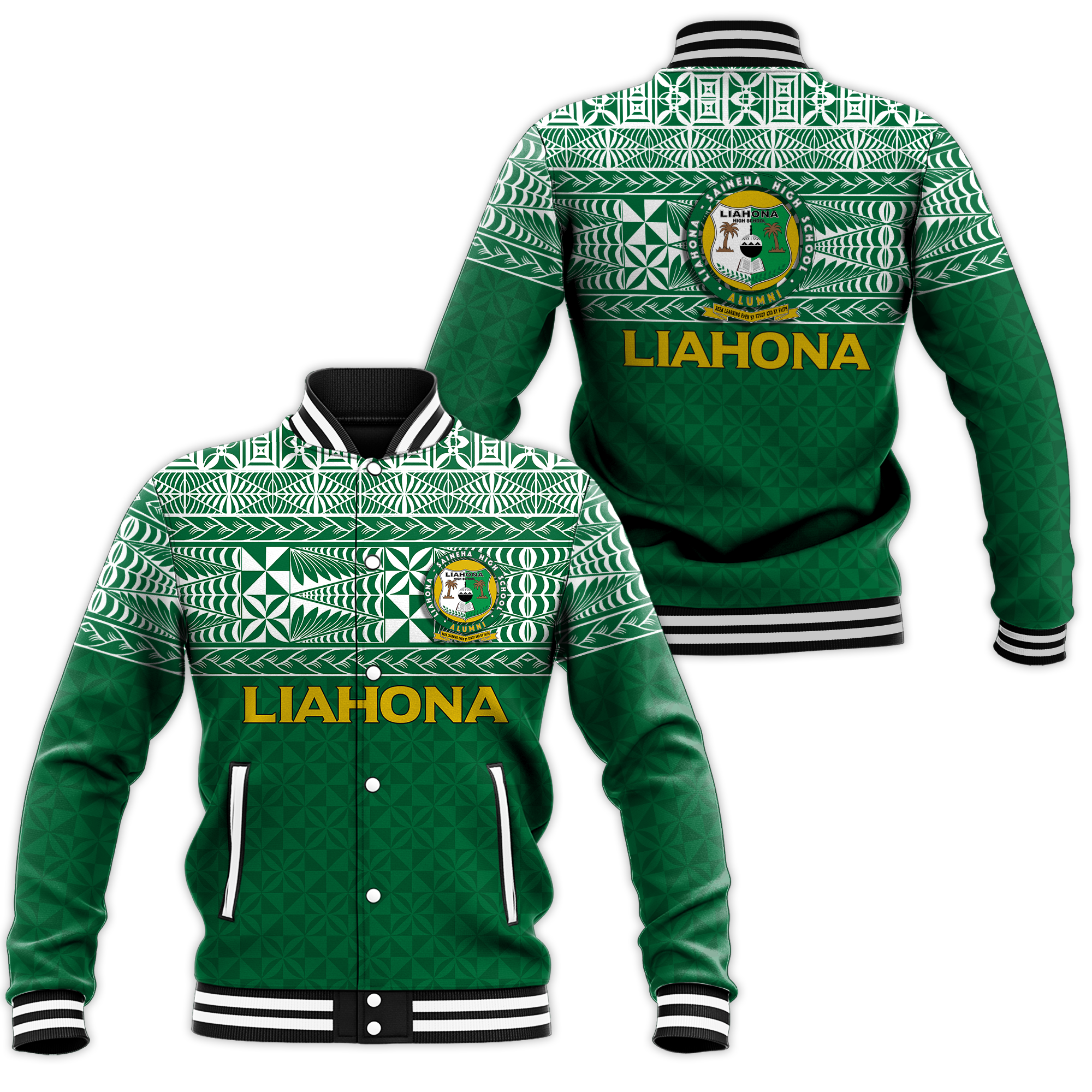 Liahona Tonga Baseball Jacket - Tongan Pattern - LT12 Unisex Green - Polynesian Pride