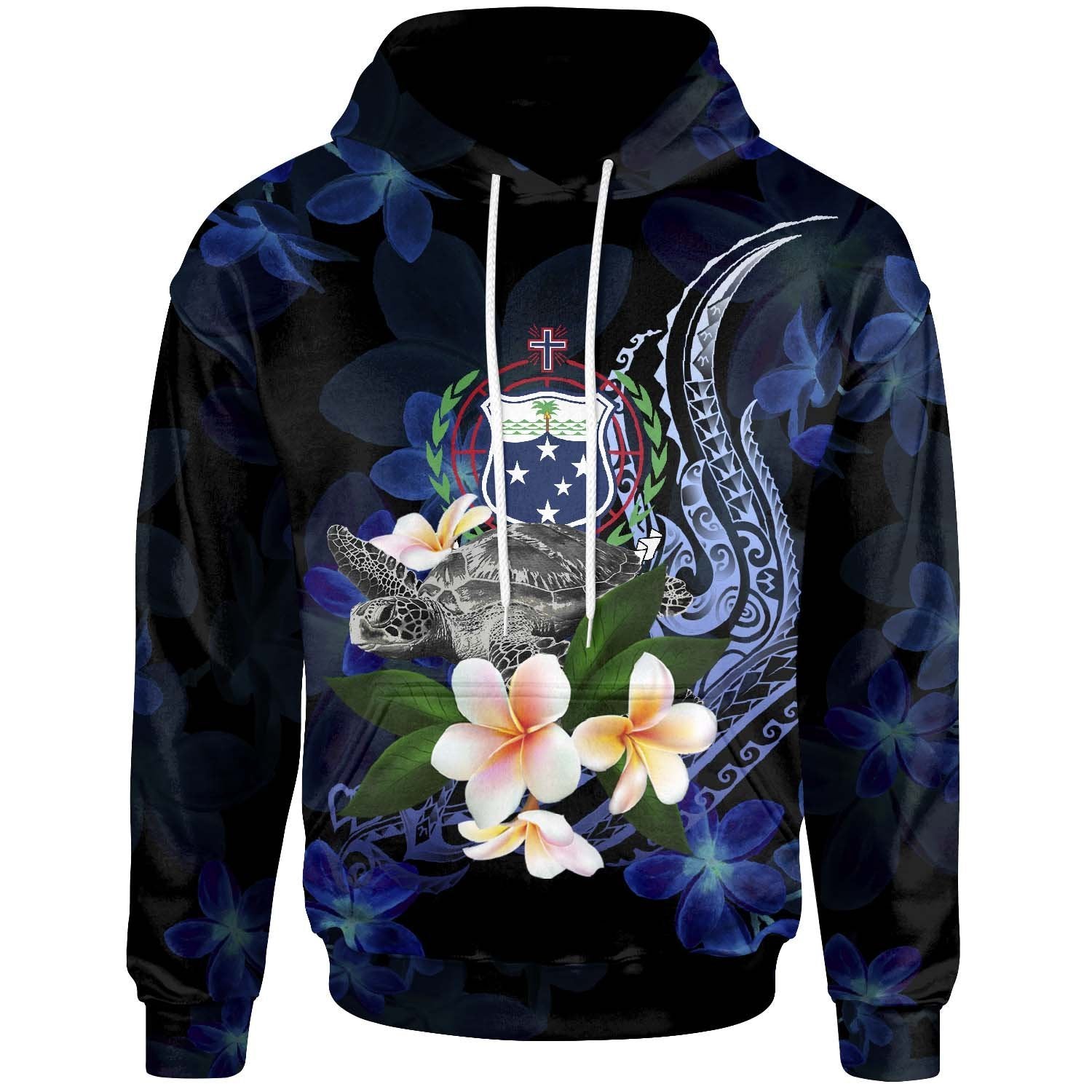 Samoa Polynesian Hoodie Turtle With Plumeria Flowers Unisex Blue - Polynesian Pride