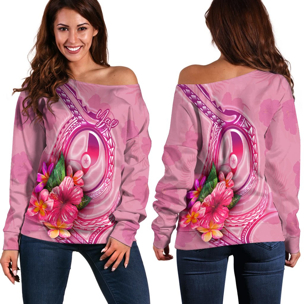 Yap Polynesian Women's Off Shoulder Sweater - Floral With Seal Pink Pink - Polynesian Pride