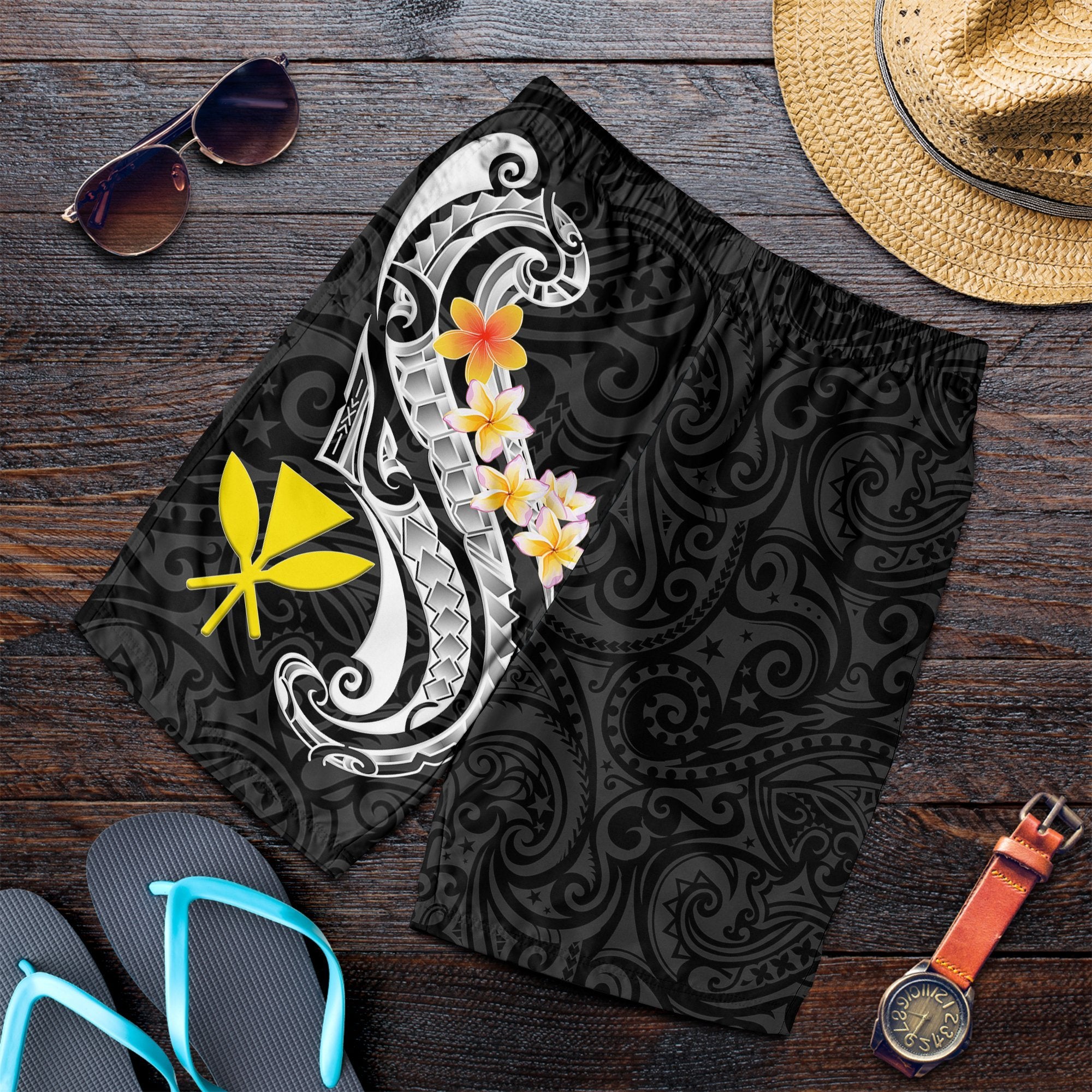 Hawaii Men's Short - Kanaka Maoli Polynesian Patterns Plumeria (Black) - Polynesian Pride