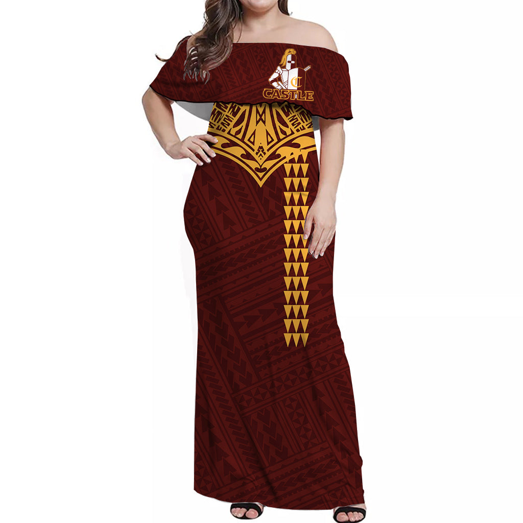 Hawaii Castle High School Polynesian Tribal Off Shoulder Dress Ver 2 - LT12 Long Dress Orange - Polynesian Pride