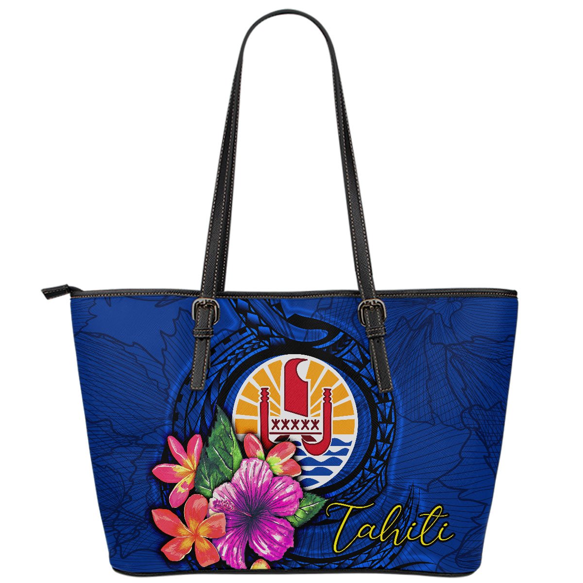 Tahiti Polynesian Leather Tote Bag - Floral With Seal Blue Blue - Polynesian Pride