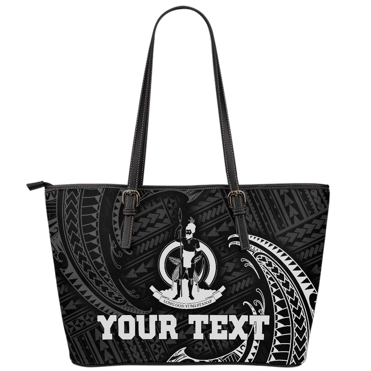 Vanuatu Polynesian Custom Personalised Leather Tote Bag - White Tribal Wave Black - Polynesian Pride