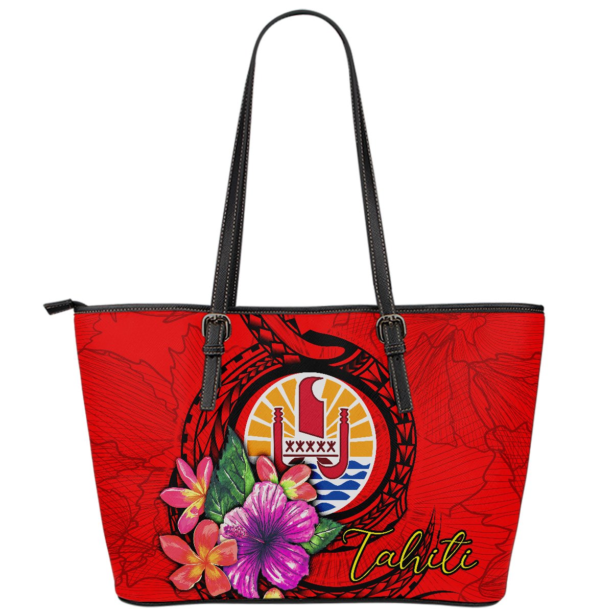 Tahiti Polynesian Leather Tote Bag - Floral With Seal Red Red - Polynesian Pride