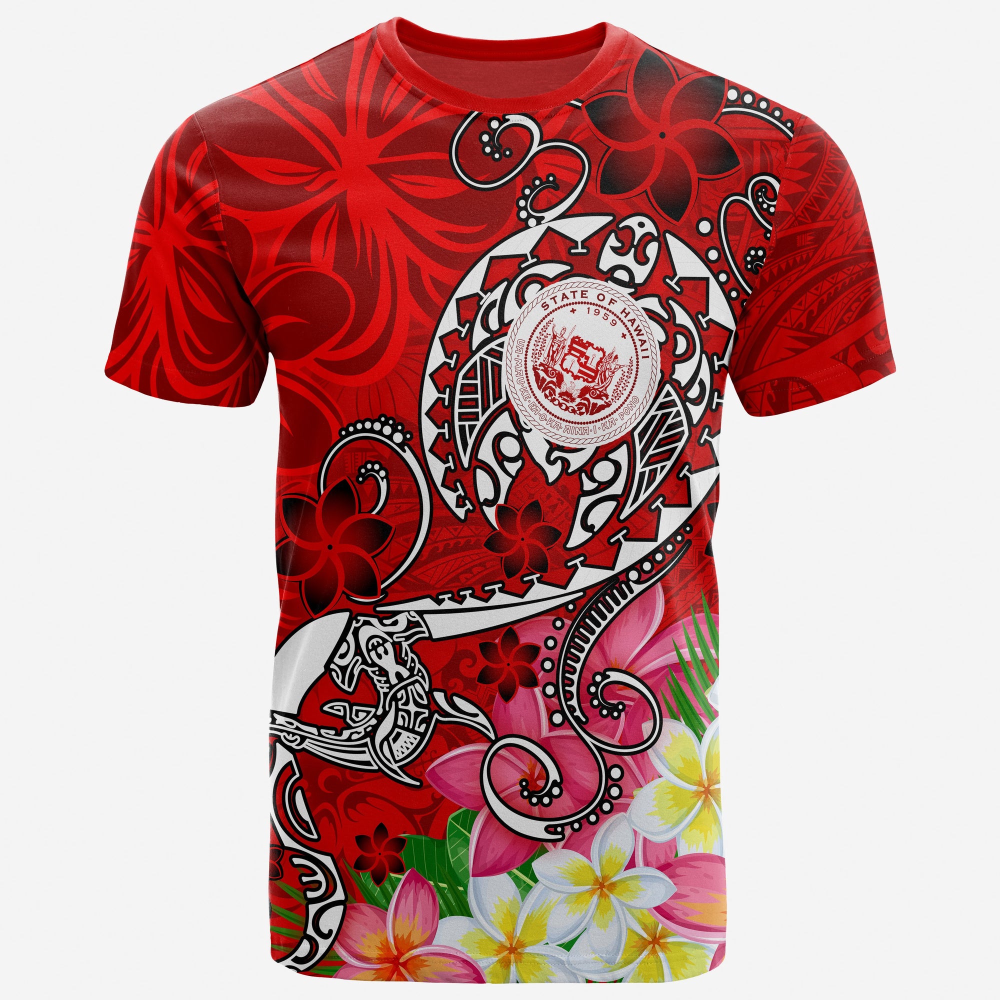 Hawaii Polynesian T Shirt Hawaii Seal With Turtle Plumeria (Red) Unisex Red - Polynesian Pride