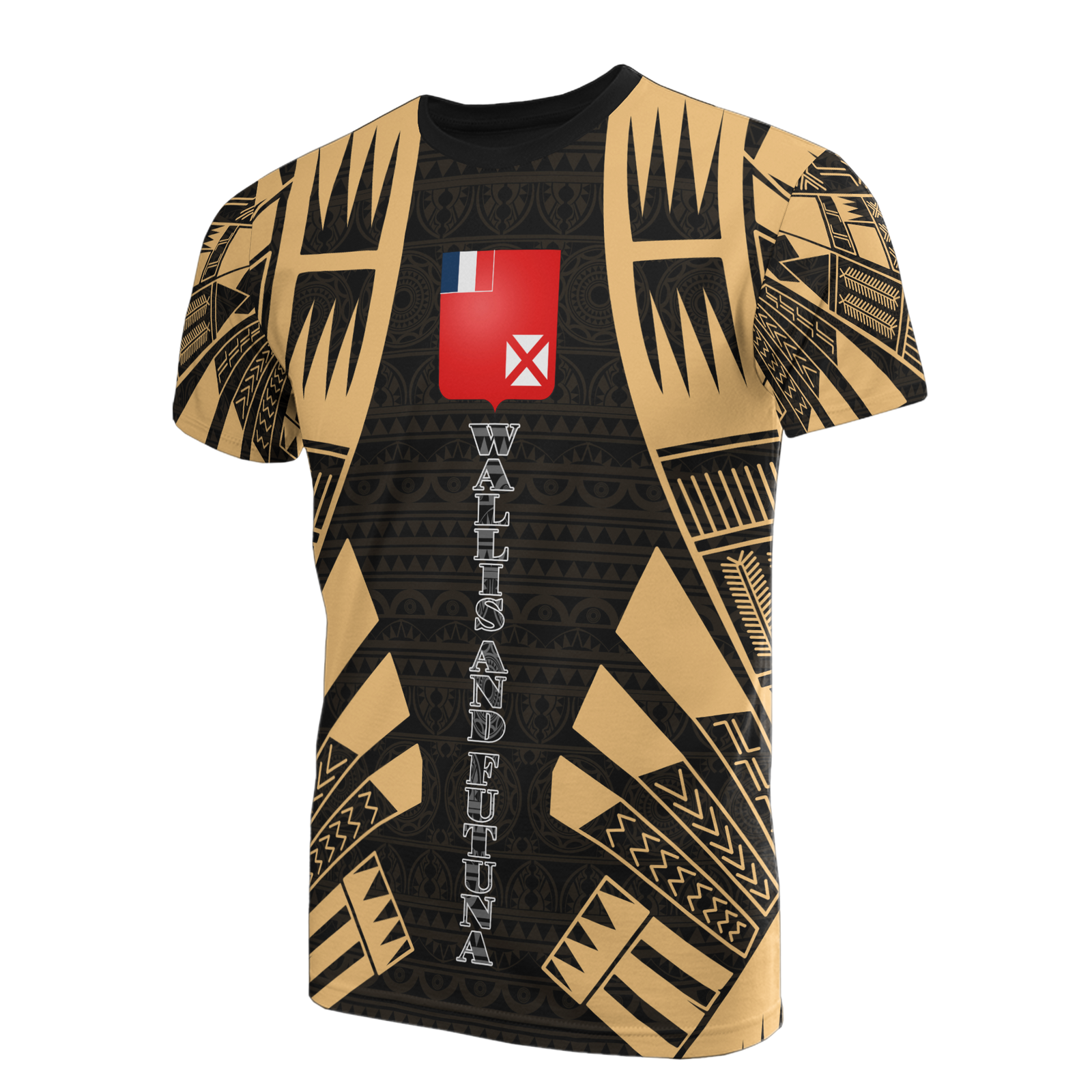 Wallis and Futuna T Shirt Wallis and Futuna Coat of Arms Polynesian Tattoo Gold Style Unisex Black-Gold - Polynesian Pride
