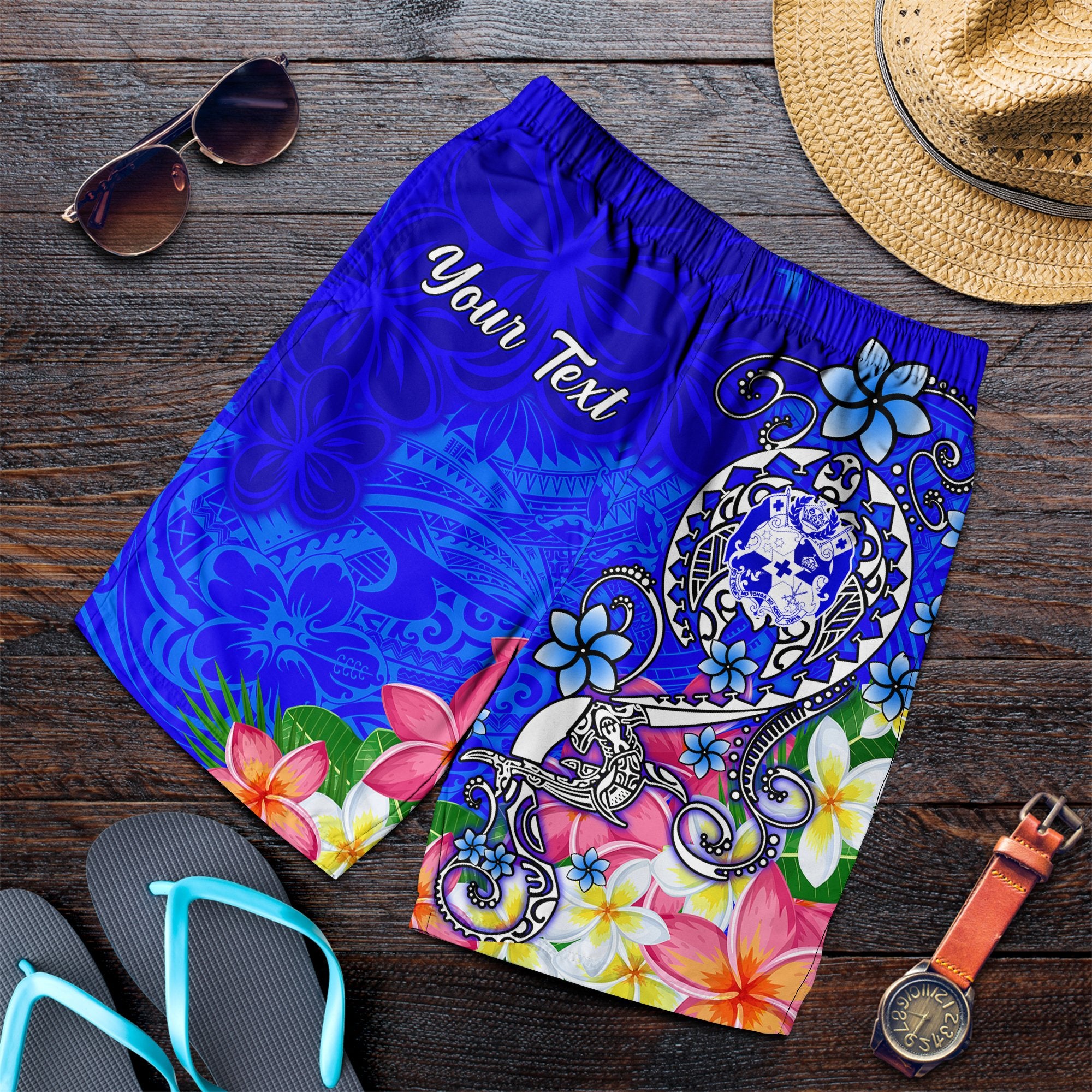 Tonga Custom Personalised Men's Shorts - Turtle Plumeria (BLUE) Blue - Polynesian Pride