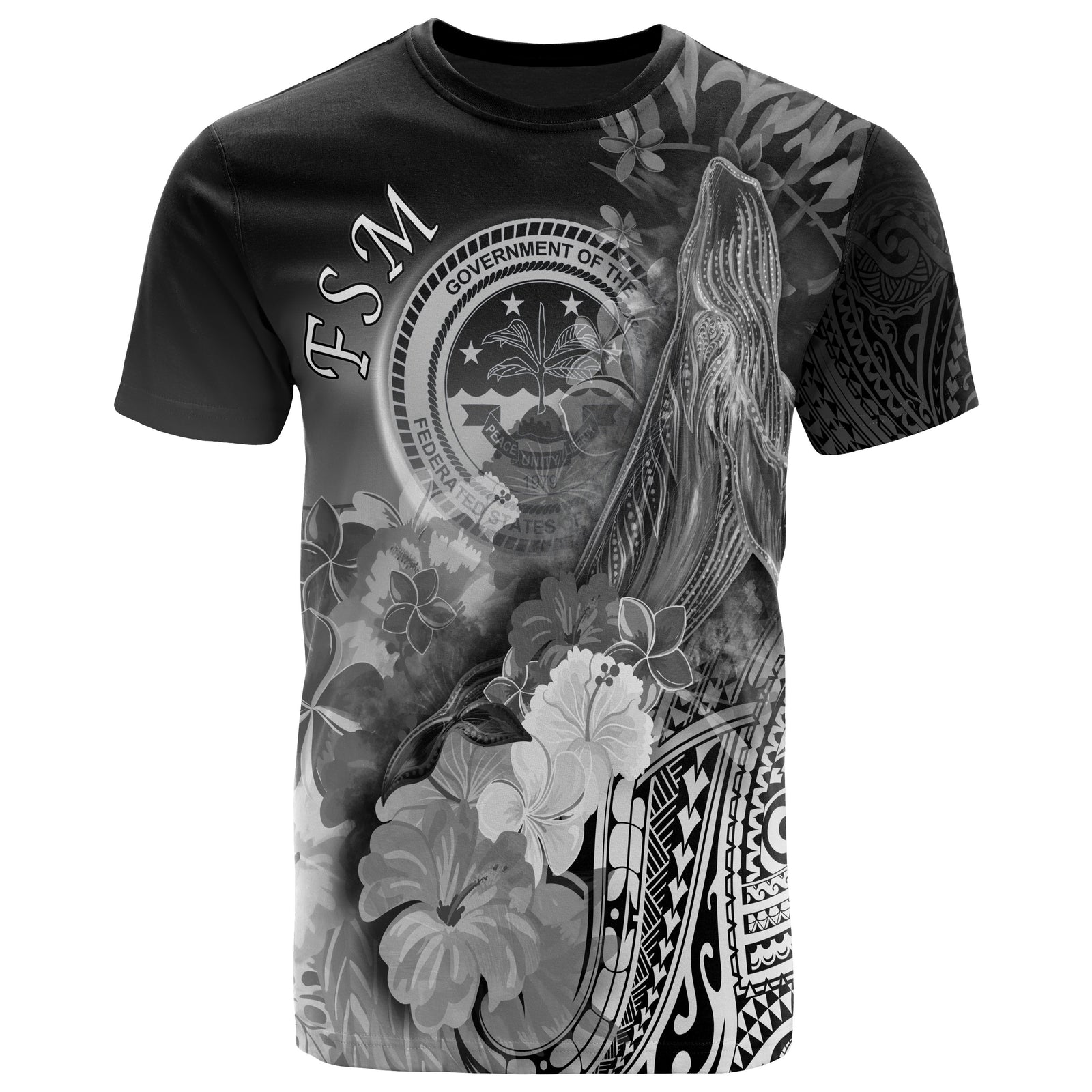 Fsm T Shirt Humpback Whale with Tropical Flowers (White) Unisex Art - Polynesian Pride