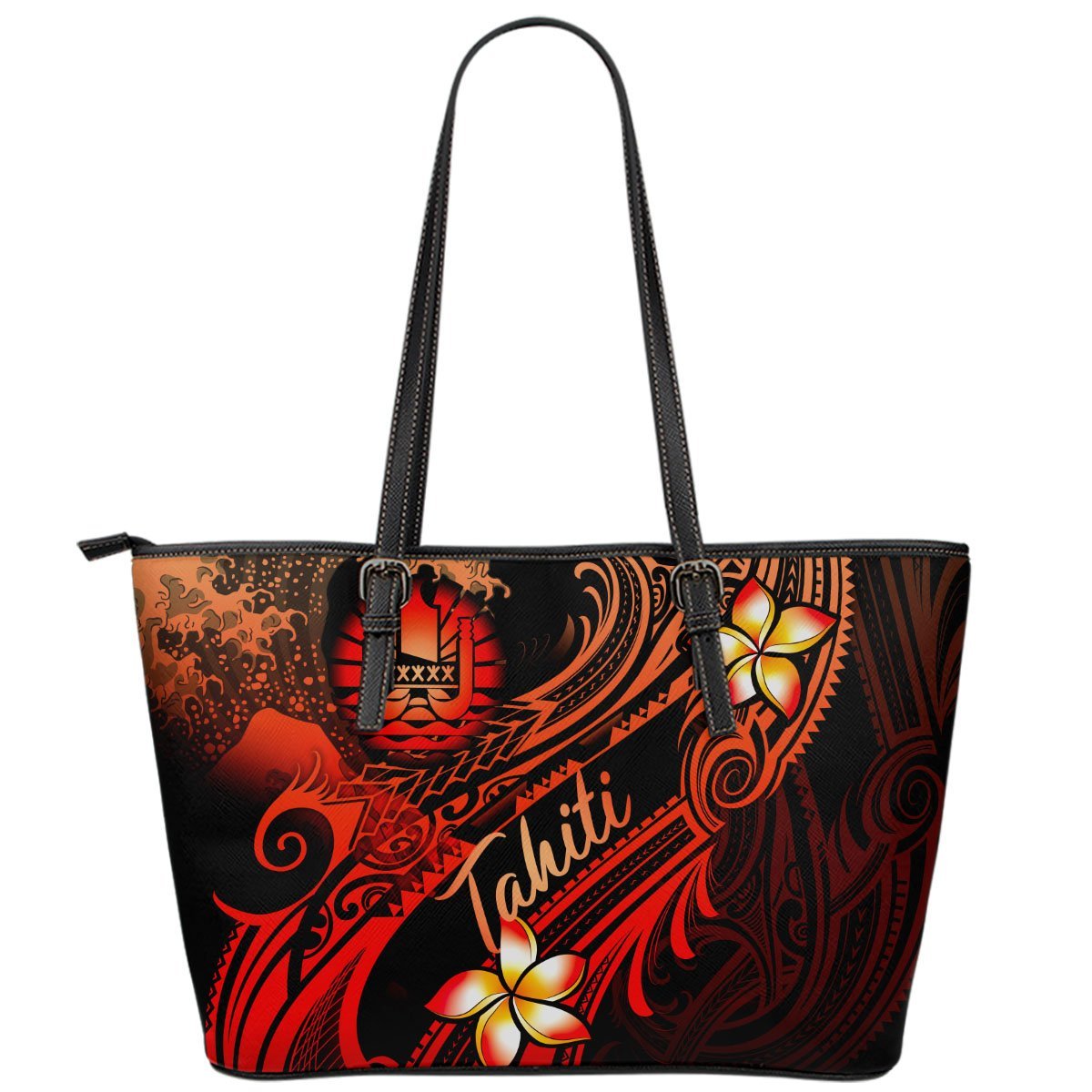 Tahiti Polynesian Leather Tote Bag - Plumeria Flowers And Waves Red - Polynesian Pride